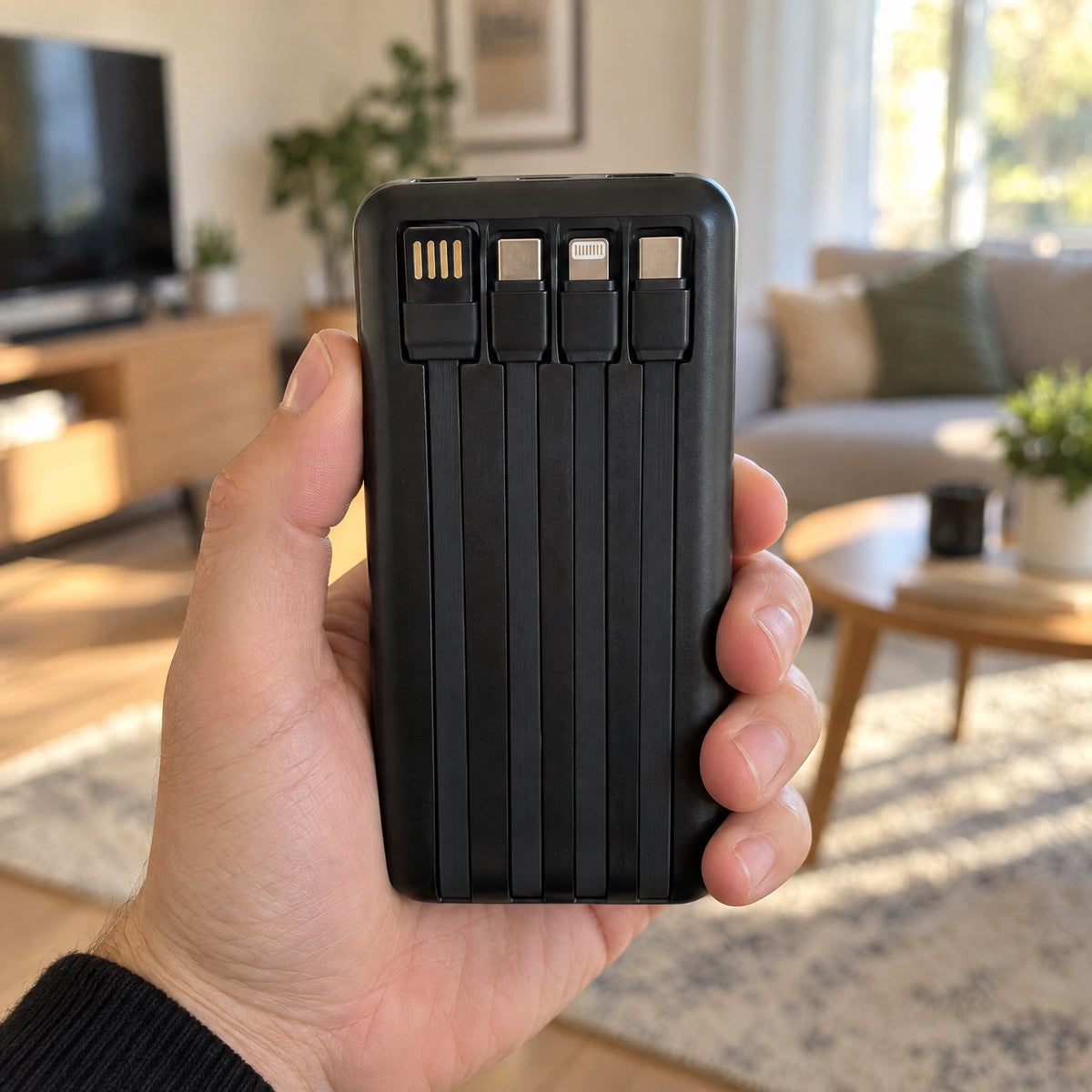 Siltcon powerbank in de hand met de vier ingebouwde kabels in beeld
