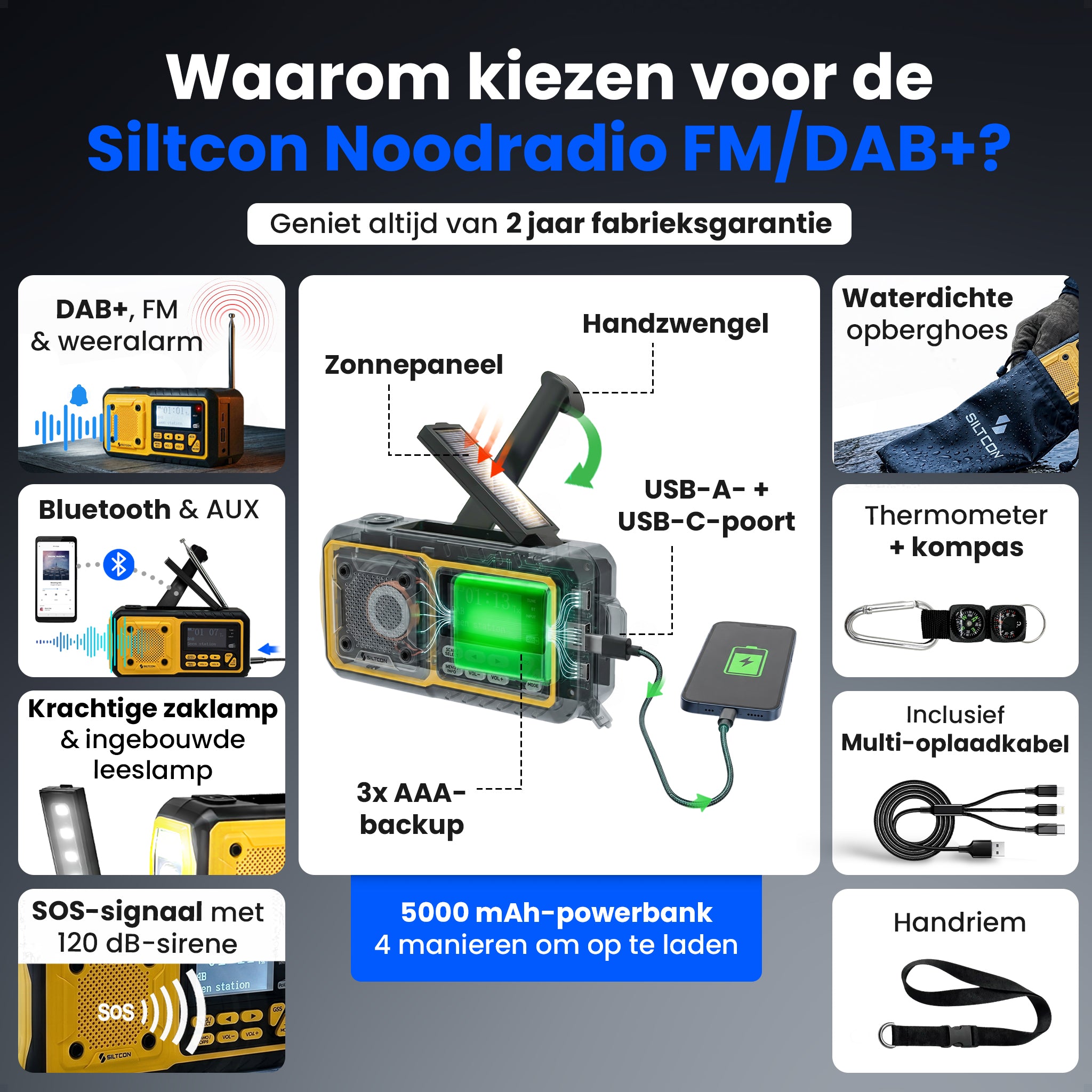 Siltcon® Noodradio DAB+ Opwindbaar – Solar Radio met Powerbank