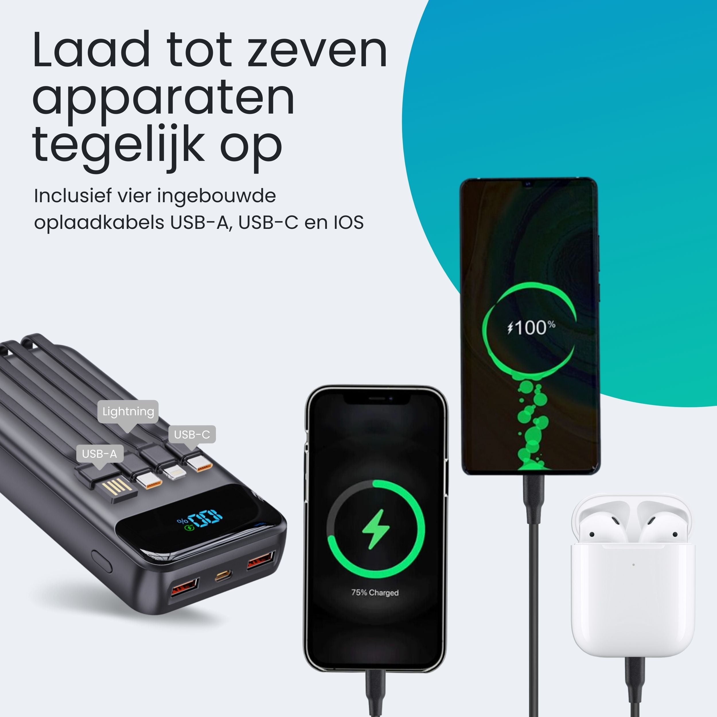 Siltcon Powerbank 30000 mAh – Snelladen & Ingebouwde Kabels - Siltcon