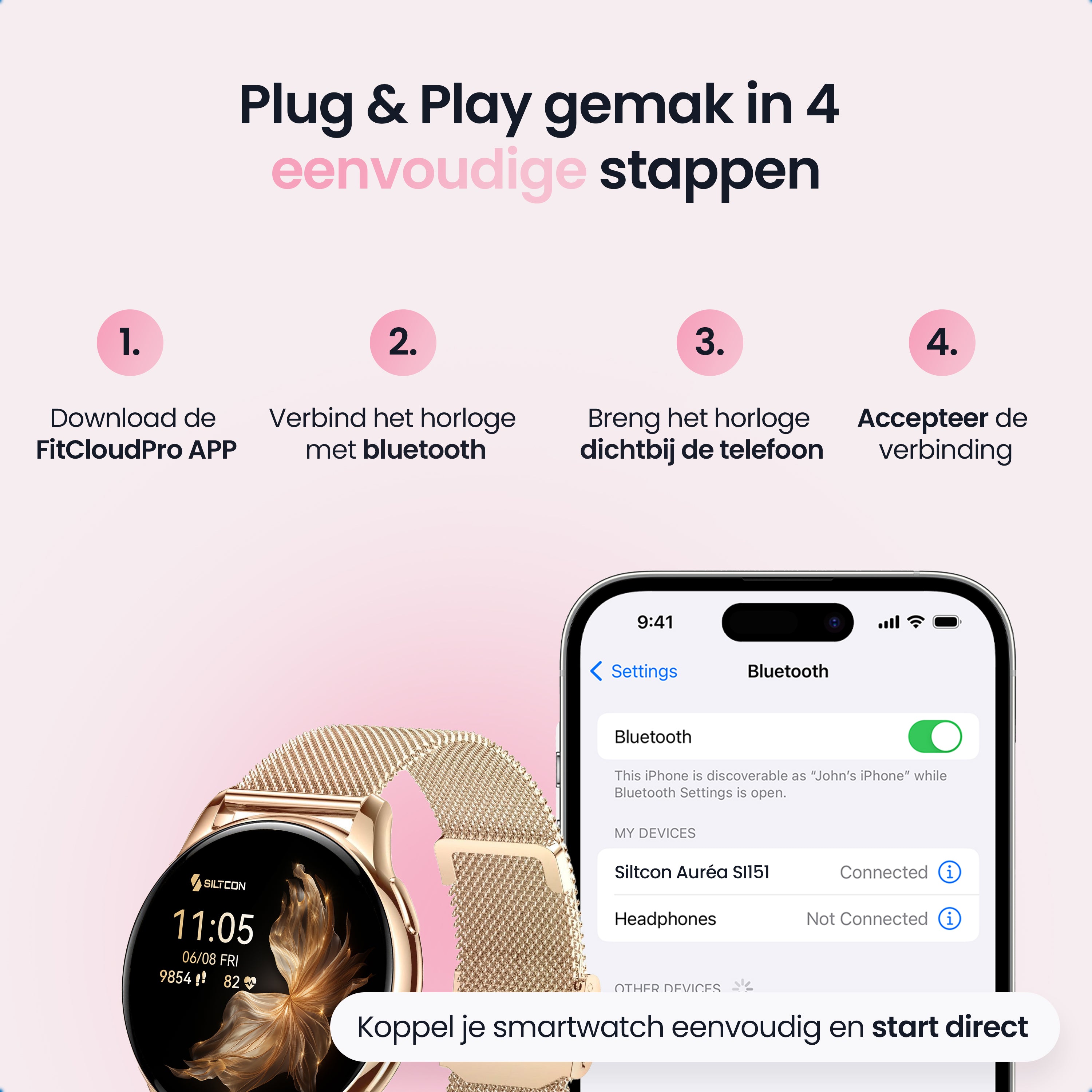 Siltcon Auréa Smartwatch Dames – Incl. 5 bandjes - Siltcon