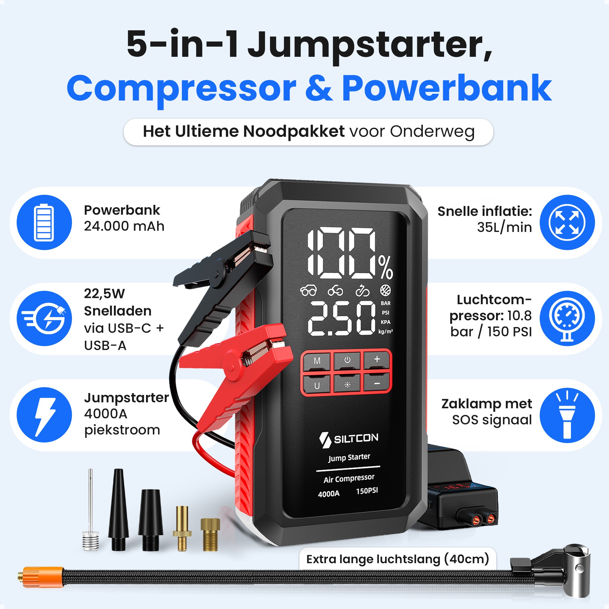 Siltcon® 12V 5-in-1 Jumpstarter voor Auto met Compressor