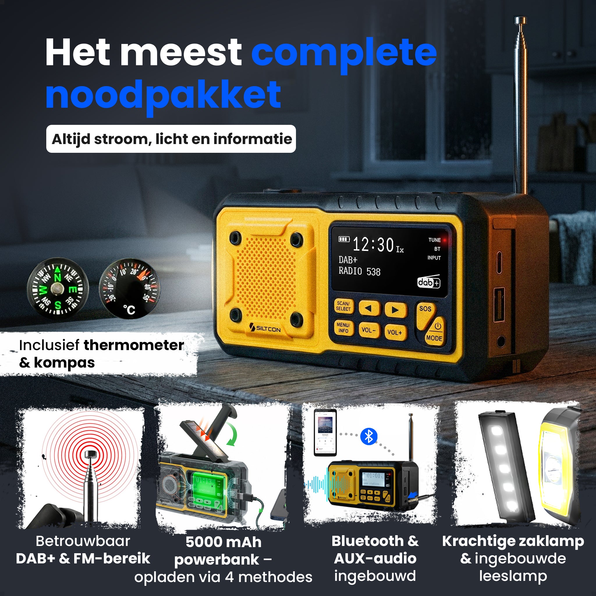 Siltcon® Noodradio DAB+ Opwindbaar – Solar Radio met Powerbank