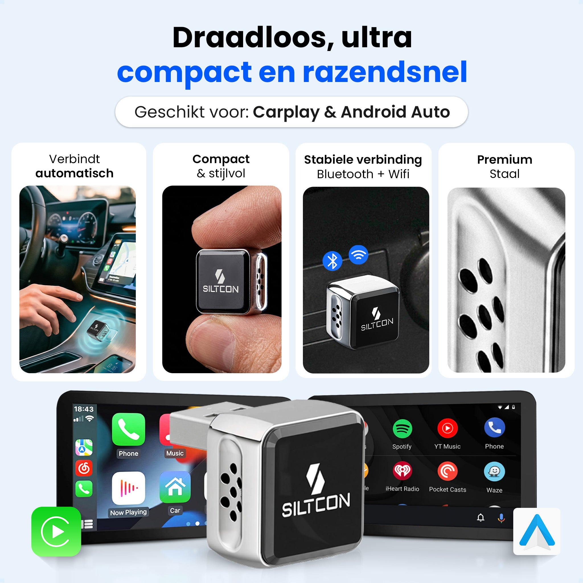 Siltcon® Ultra Compact 2-in-1 Geschikt voor Draadloos Carplay Dongle