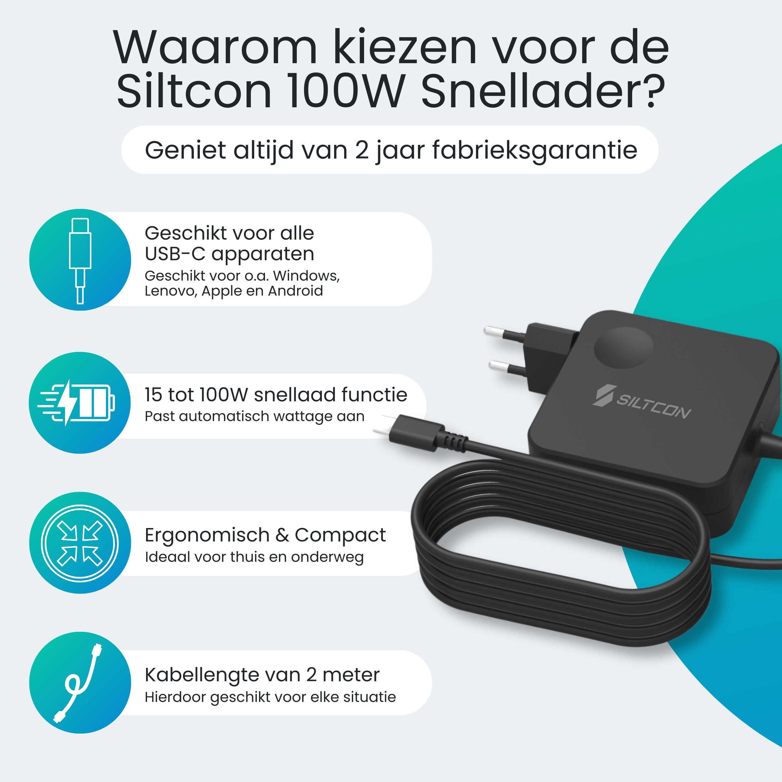 Siltcon 100W USB C Adapter – Snellader voor Laptop & Smartphone - Siltcon