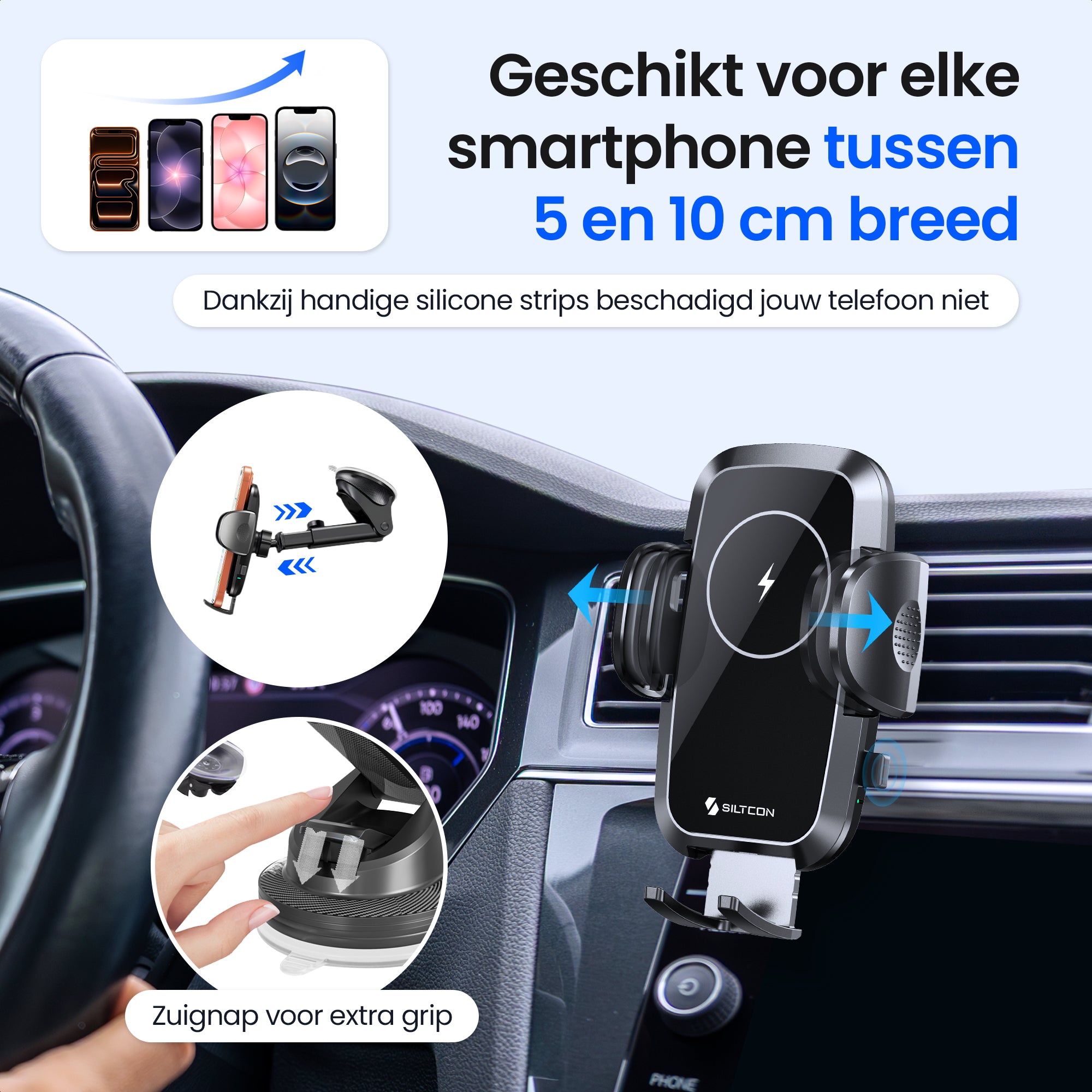 Siltcon® Telefoonhouder Auto met QI Draadloze Oplader
