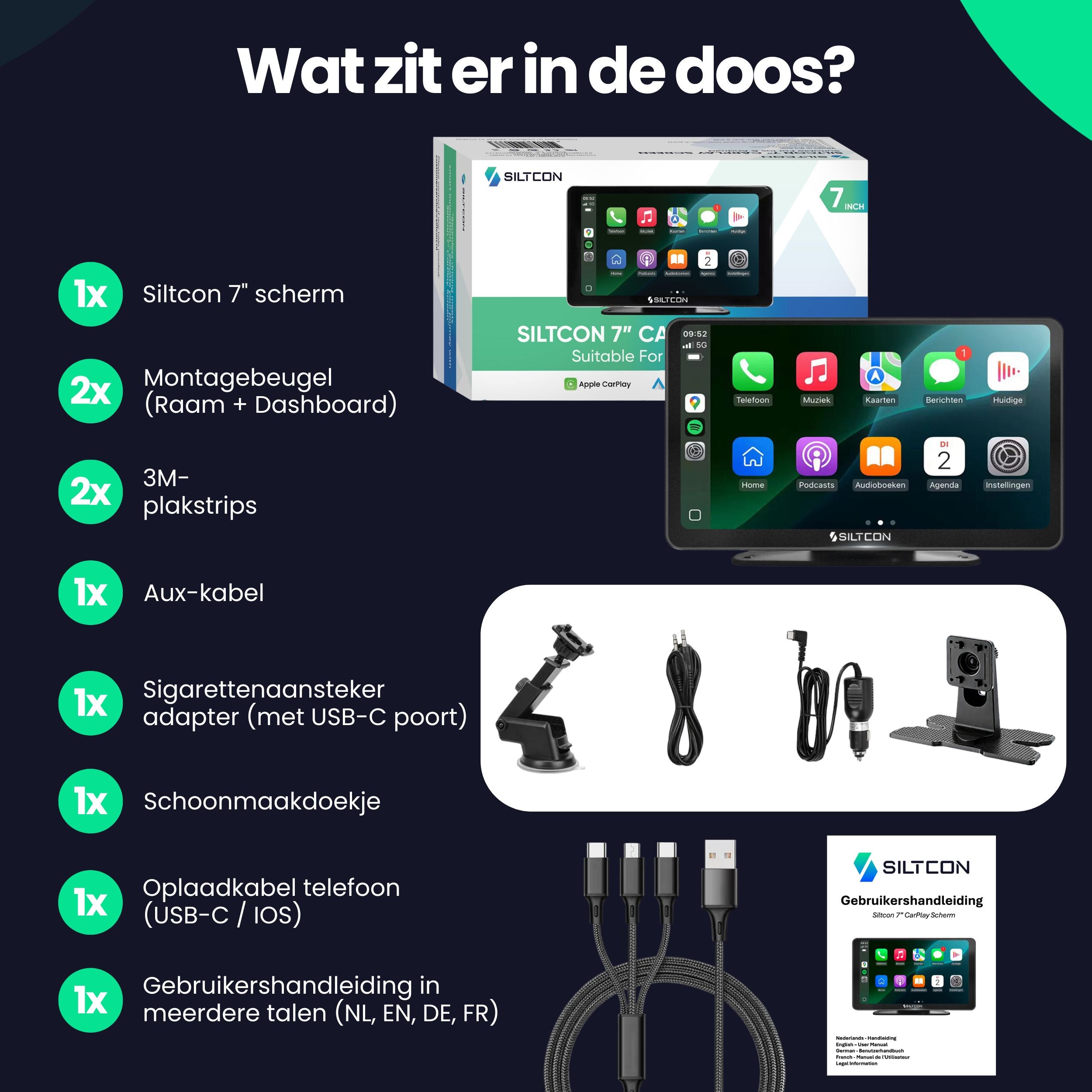 Siltcon CarPlay Scherm 7 Inch – Geschikt voor Apple & Android – Draadloos gebruik - Siltcon