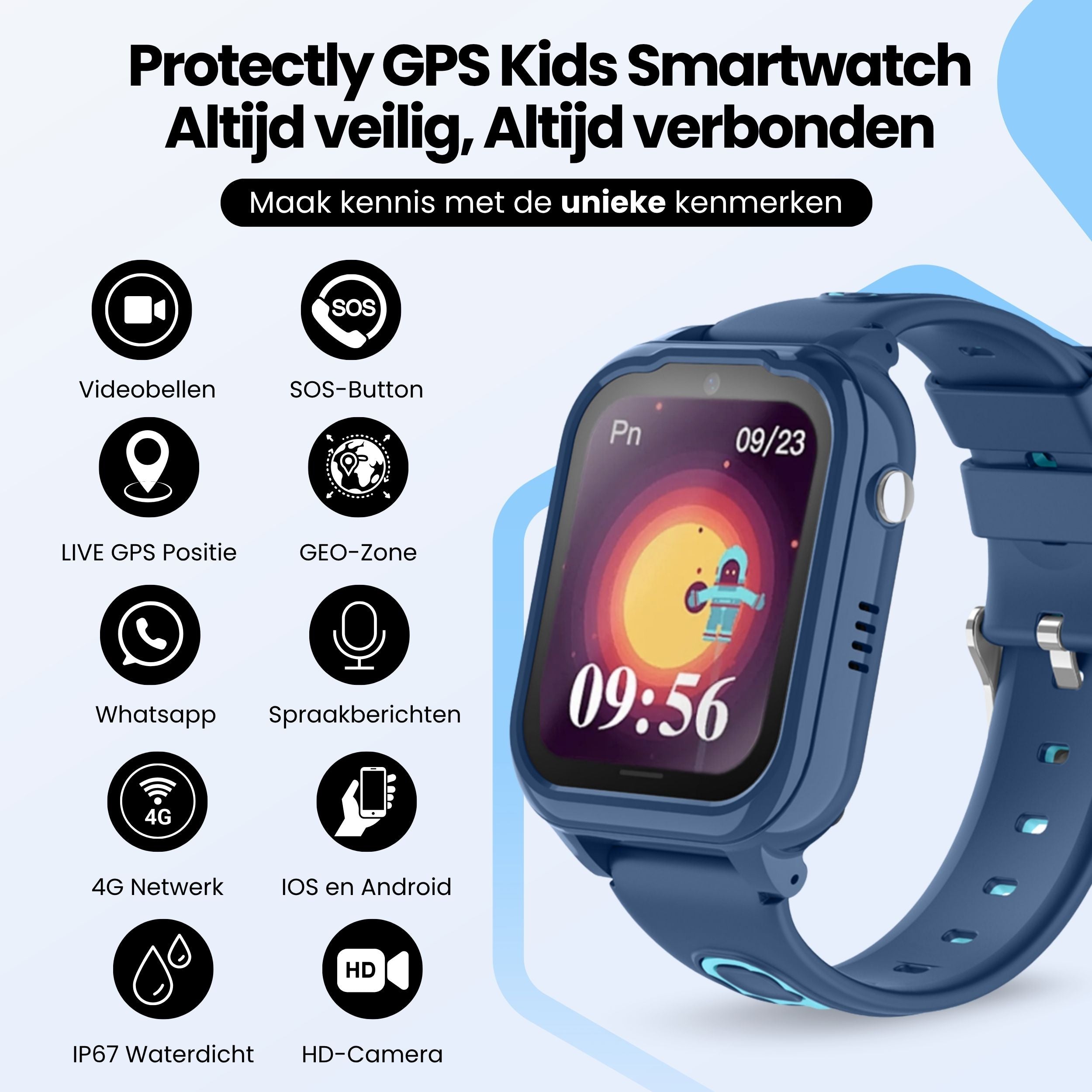 Protectly Kids Smartwatch – GPS horloge kinderen – Smartwatch kind met bellen - Blauw - Siltcon