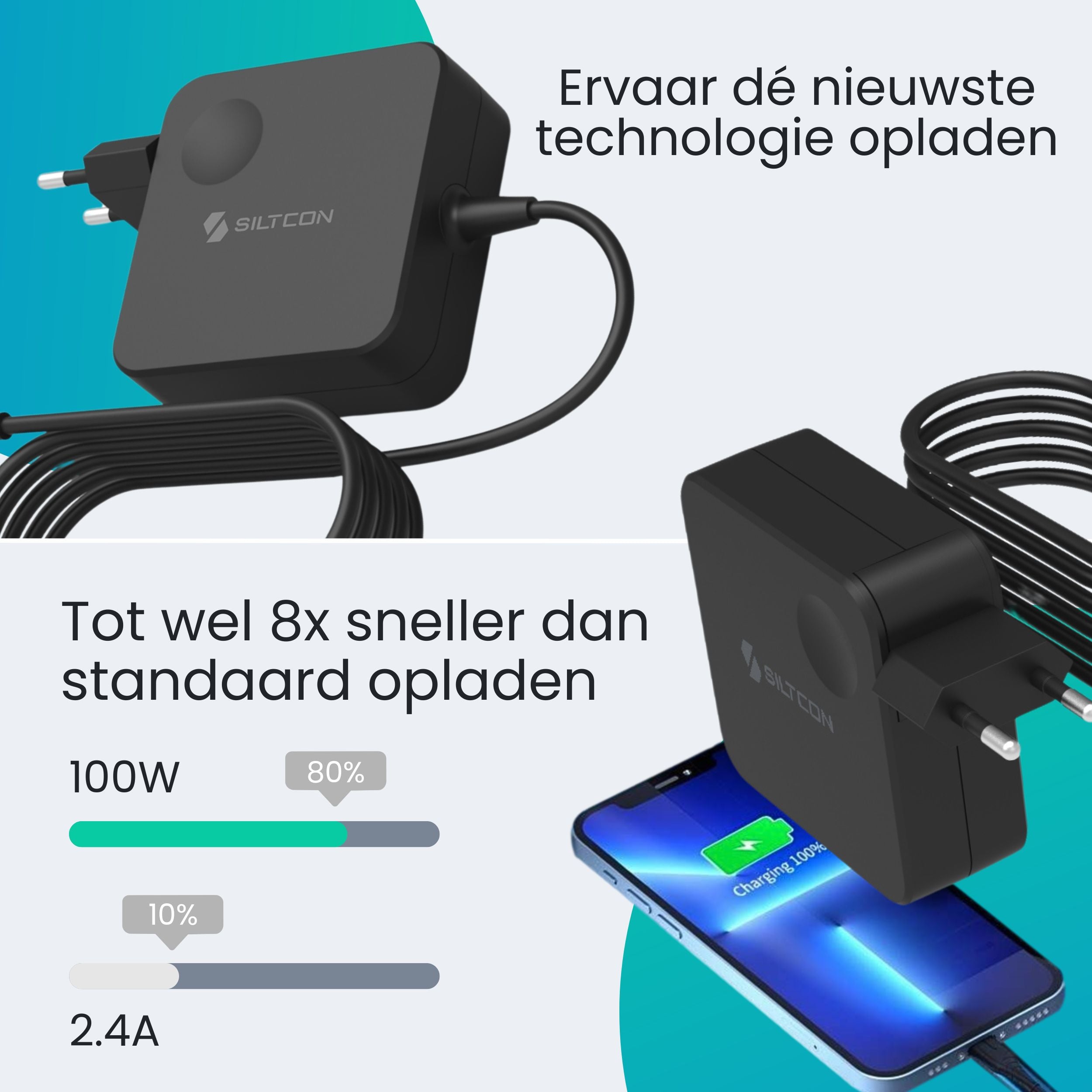 Siltcon 100W USB C Adapter – Snellader voor Laptop & Smartphone - Siltcon
