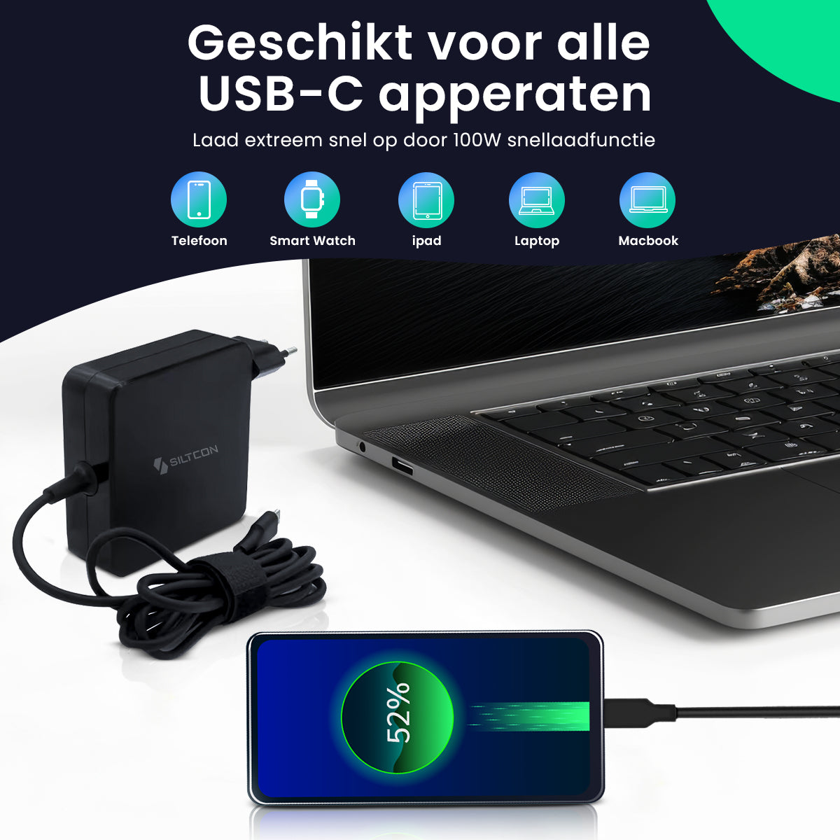 Siltcon USB-C Oplader 100W Snellader - Siltcon