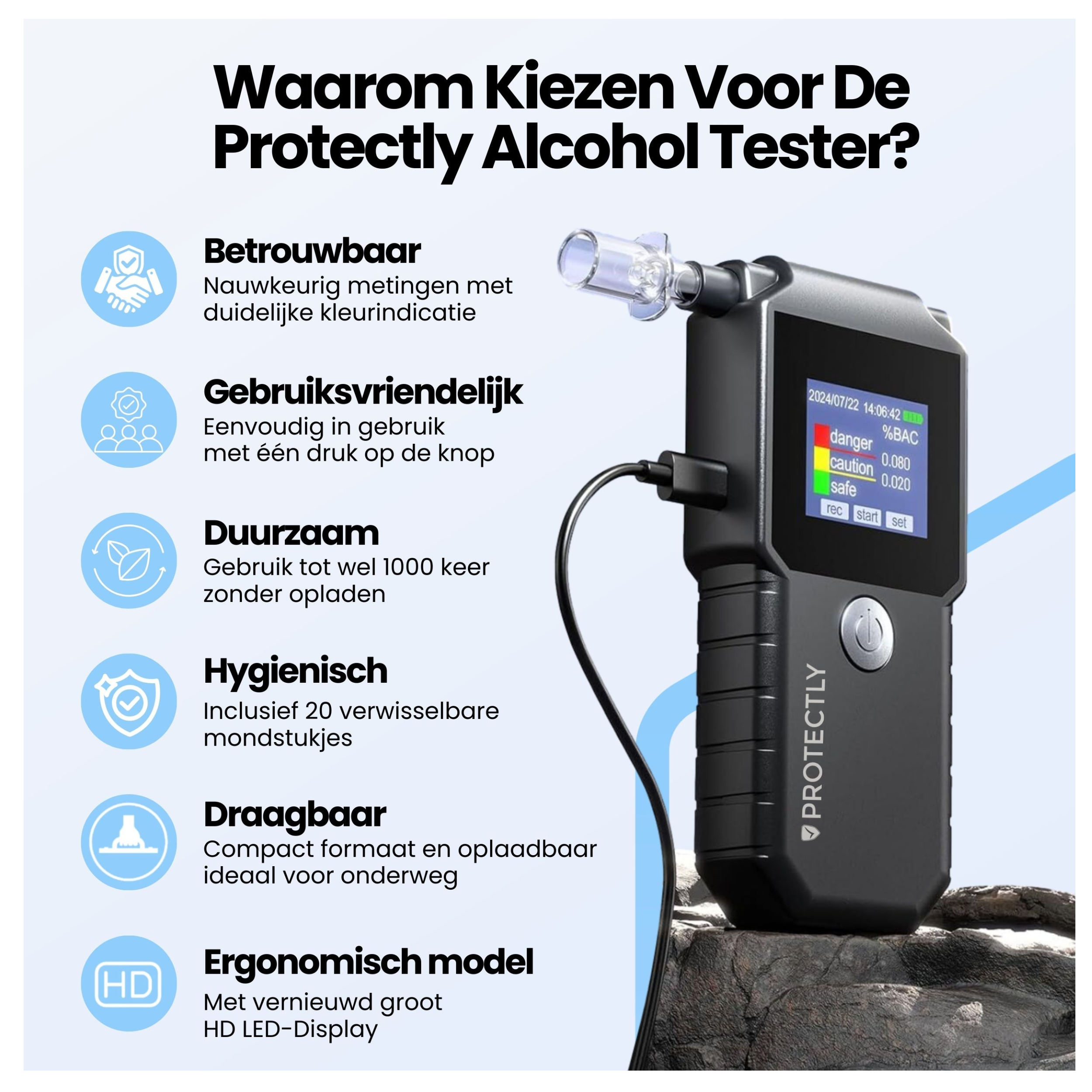 Protectly Alcoholtester Digitaal – 20 mondstukjes - Siltcon