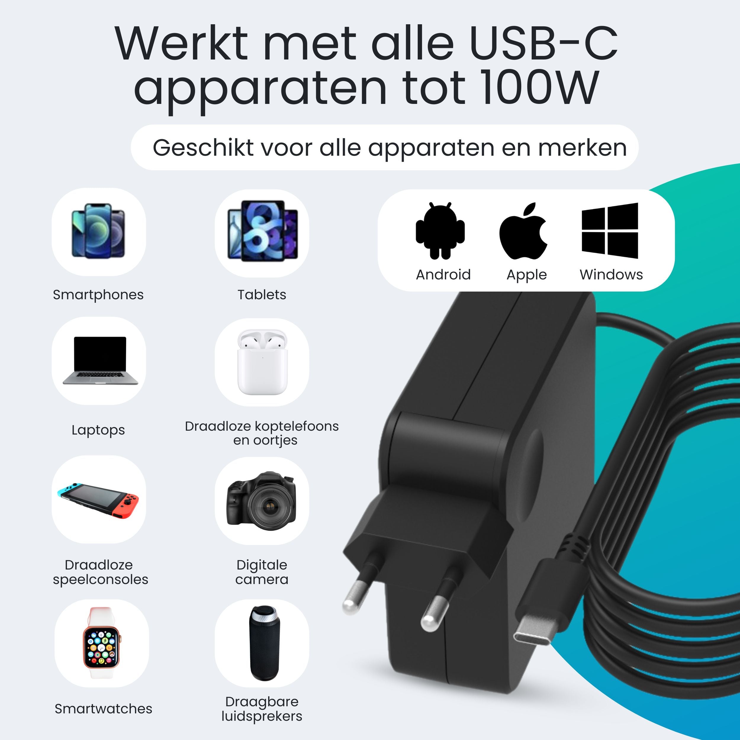 Siltcon 100W USB C Adapter – Snellader voor Laptop & Smartphone - Siltcon