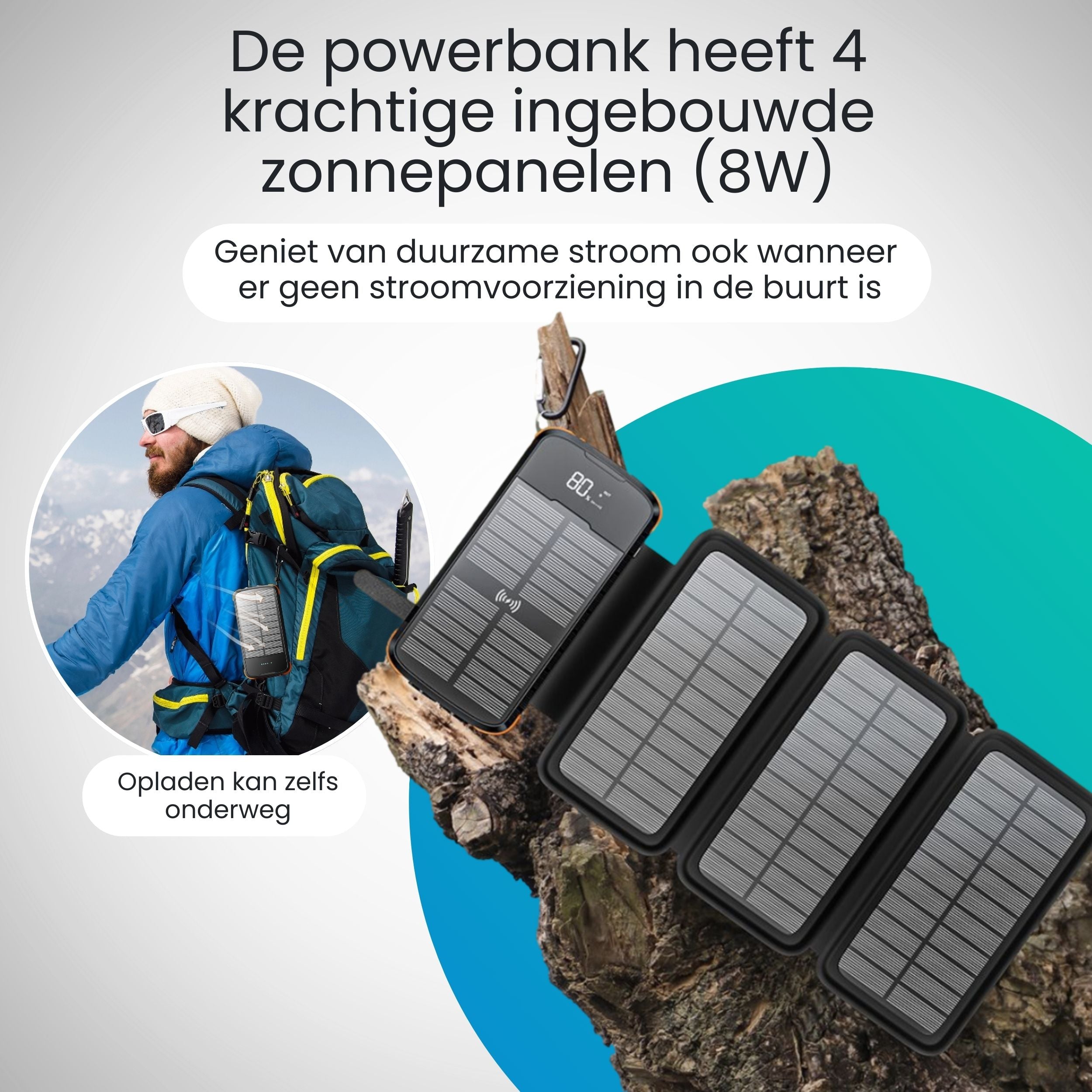 Siltcon Draadloze Powerbank 30.000 mAh – 4 Zonnepanelen - Siltcon