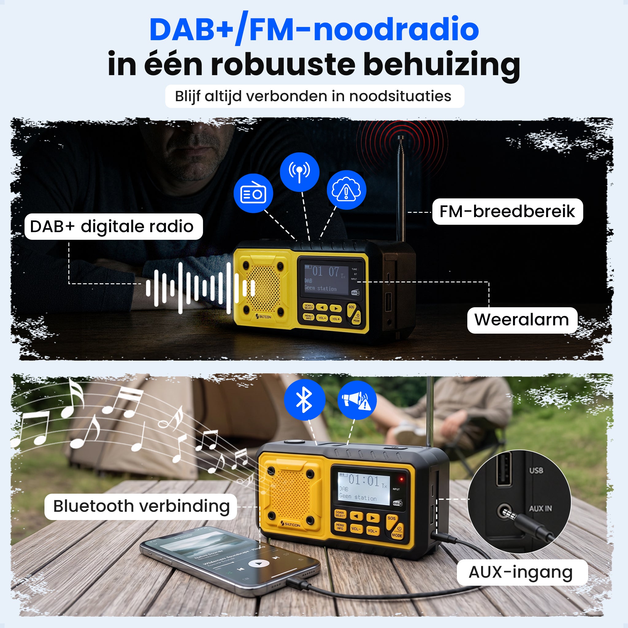 Siltcon® Noodradio DAB+ Opwindbaar – Solar Radio met Powerbank