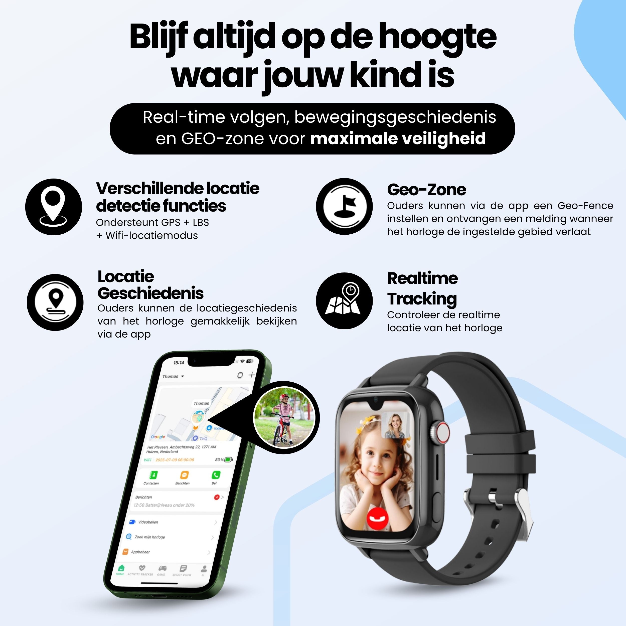 Protectly Kinder GPS Horloge – Smartwatch kind met bellen – GPS & SOS - Siltcon