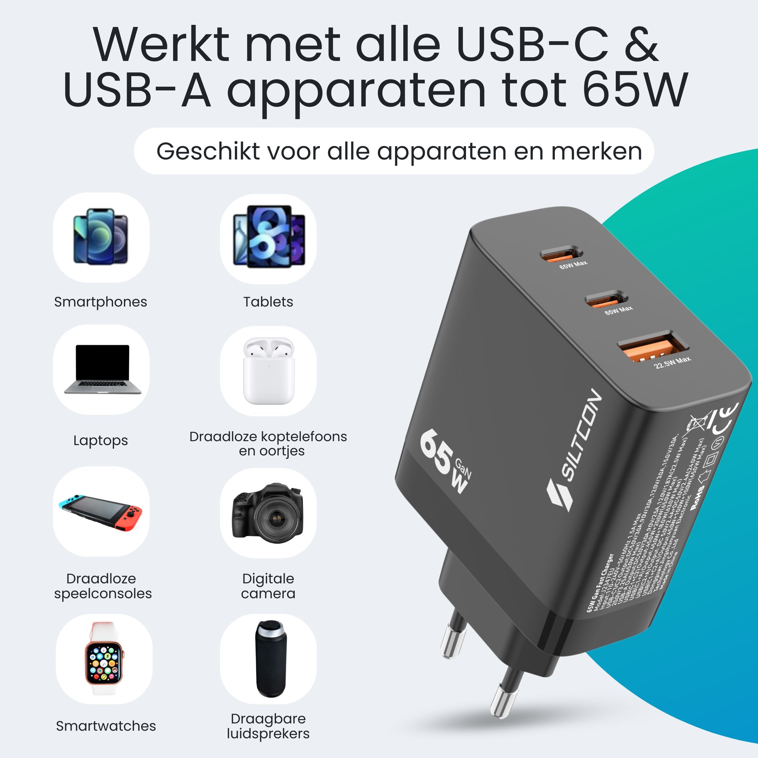 Siltcon – 65W USB-C Snellader - Siltcon