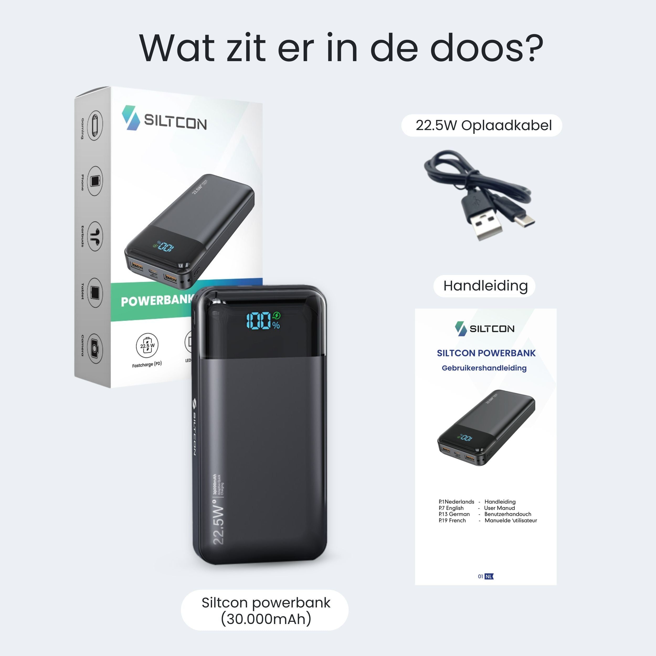 Siltcon Powerbank 30000 mAh – Snelladen & LED Display - Siltcon
