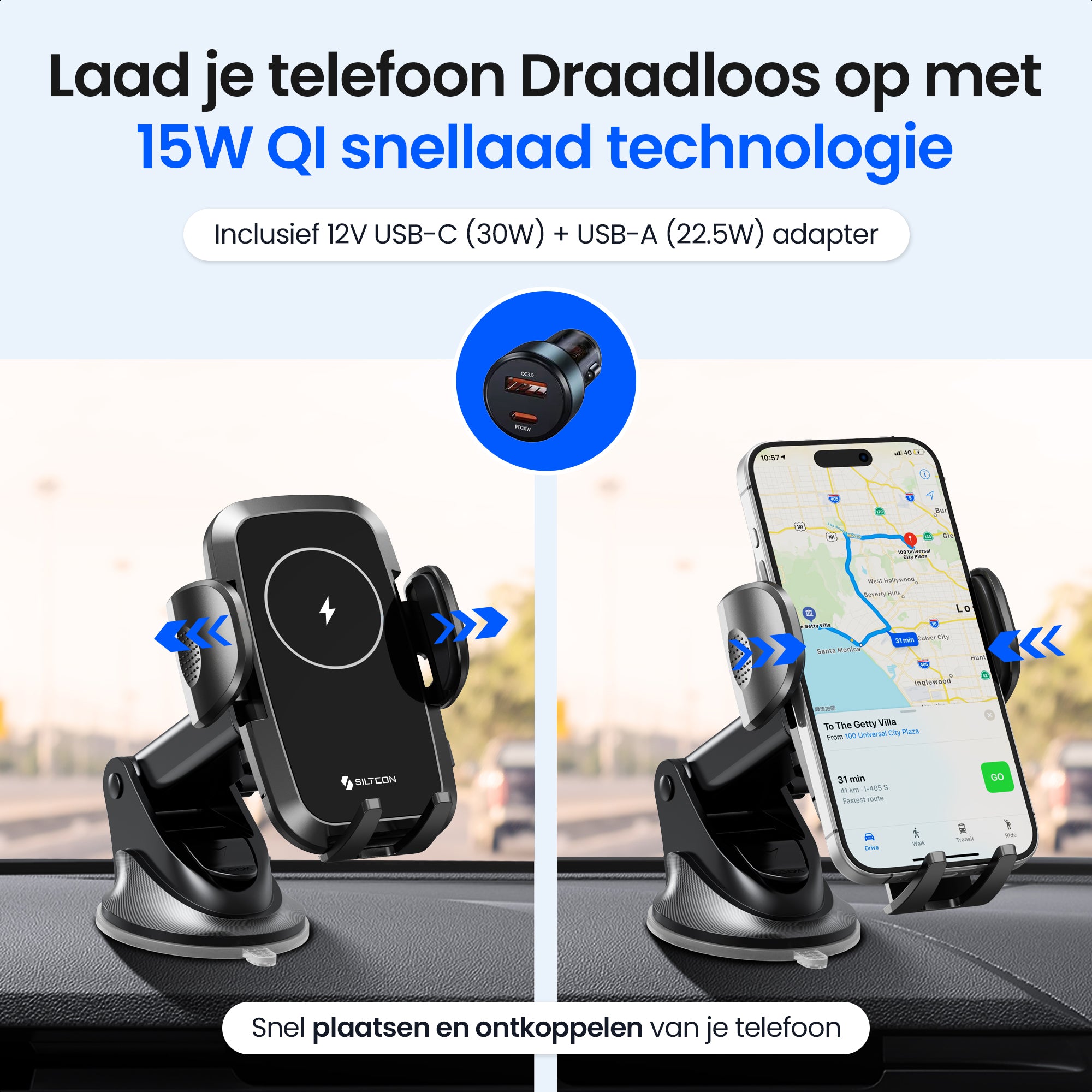 Siltcon® Telefoonhouder Auto met QI Draadloze Oplader