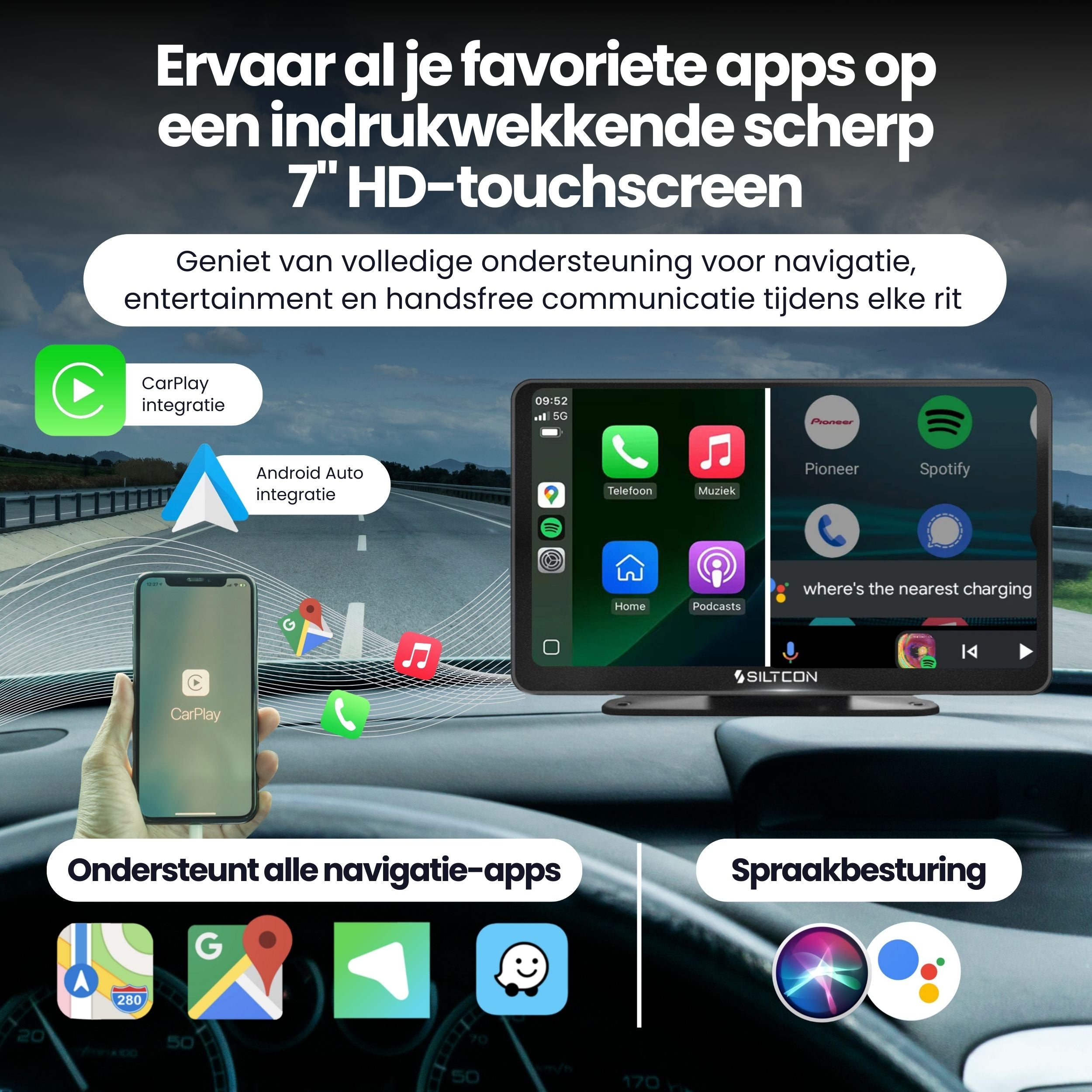 Siltcon CarPlay Scherm 7 Inch – Geschikt voor Apple & Android – Draadloos gebruik - Siltcon