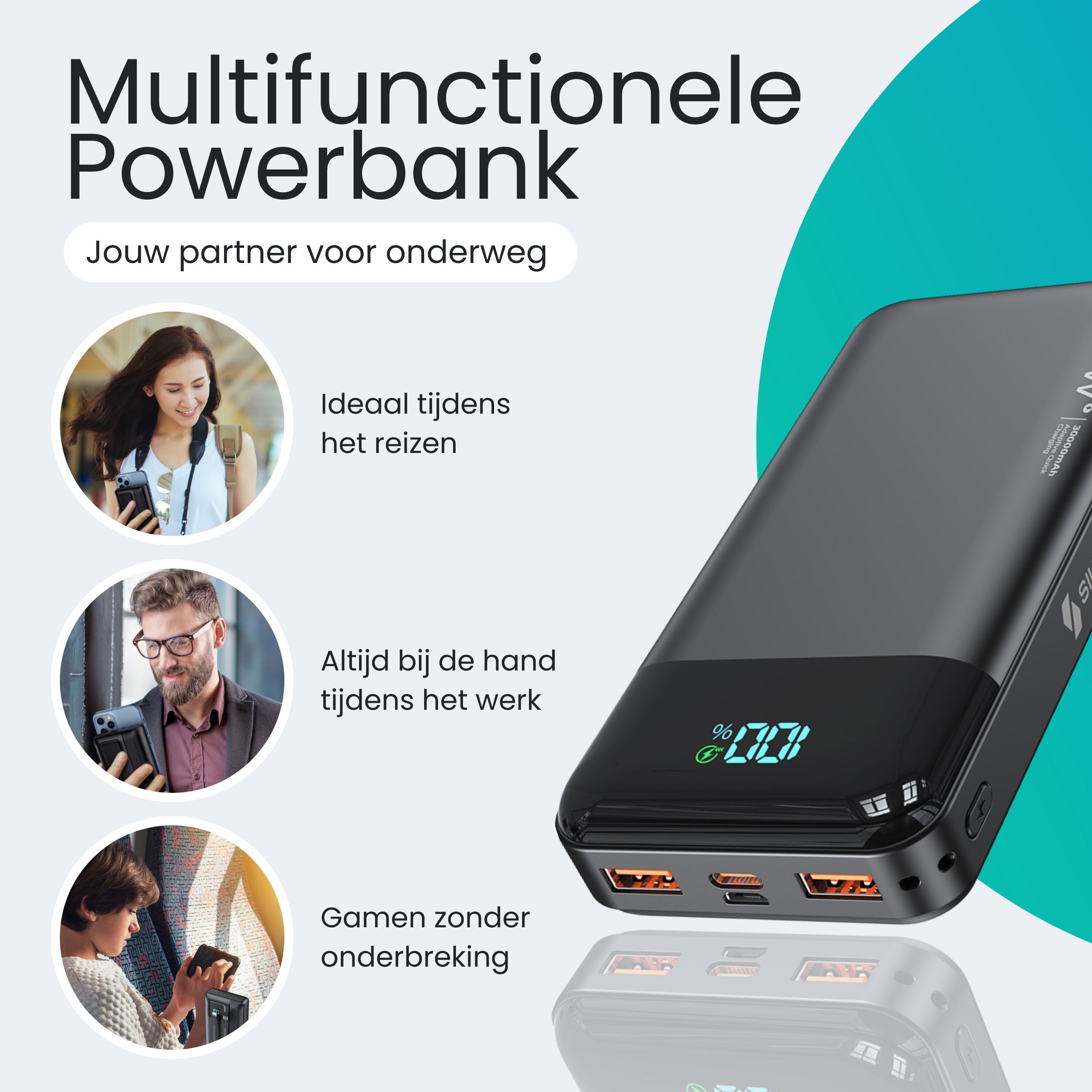 Siltcon Powerbank 30000 mAh – Snelladen & LED Display - Siltcon