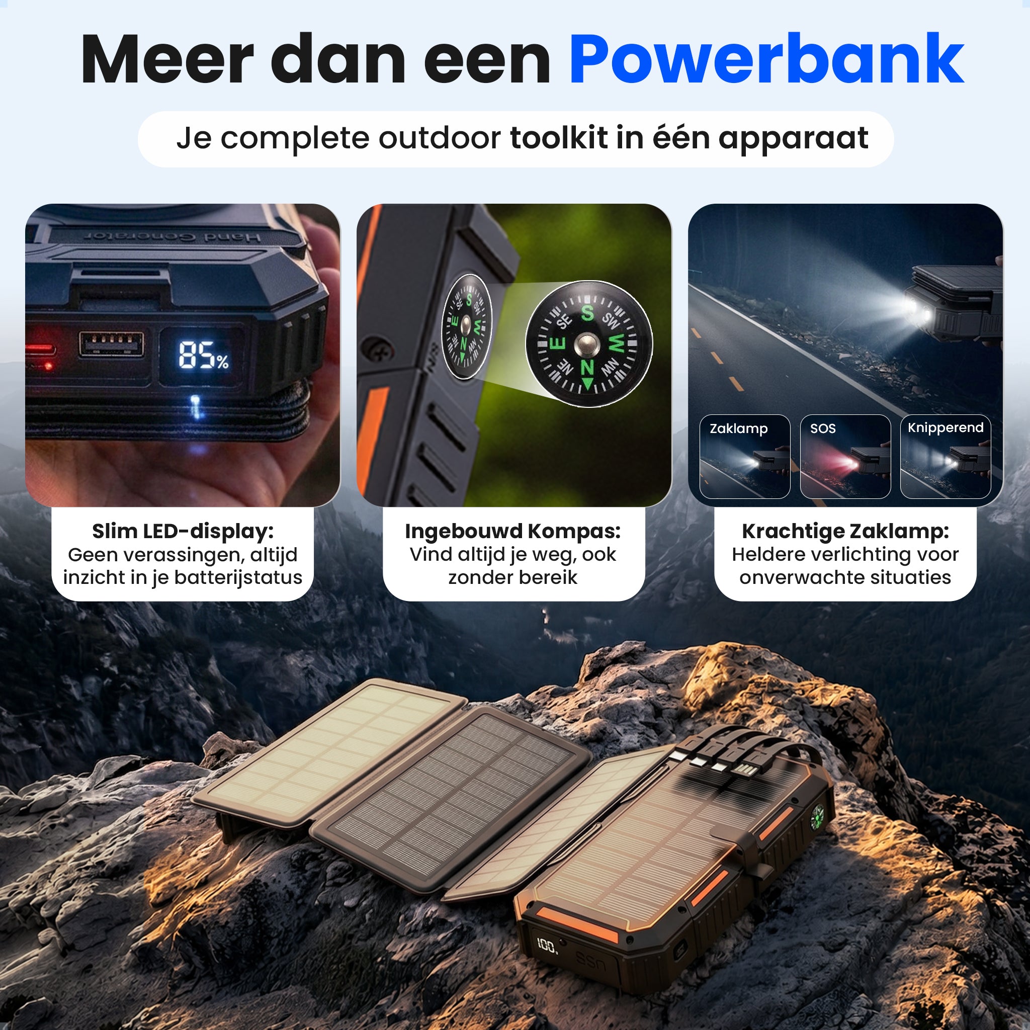 Siltcon® Powerbank Zonneenergie 20000 mAh - Solar Powerbank & Opwindbaar