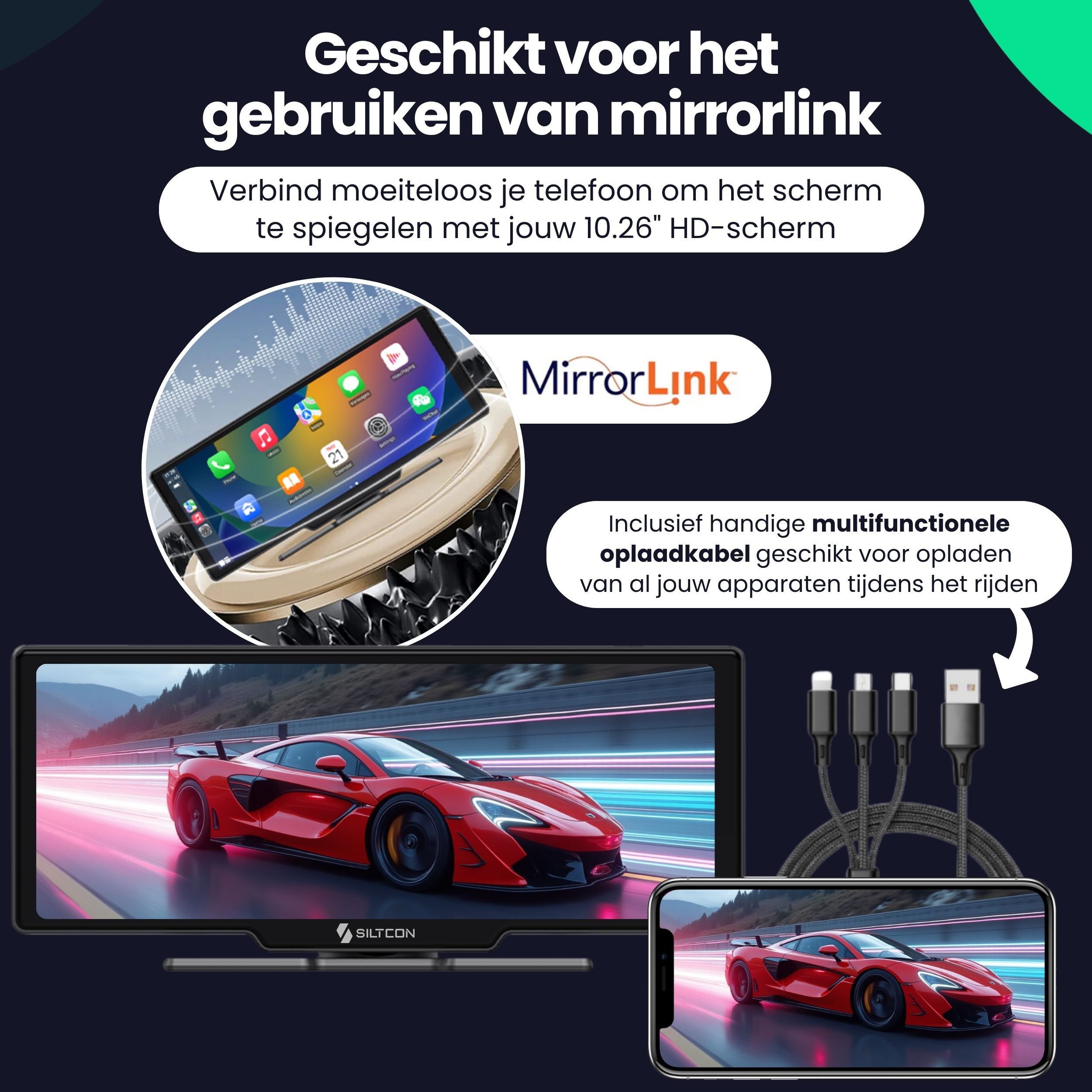 Siltcon 10.26” CarPlay Scherm – Draadloos voor iOS & Android - Siltcon