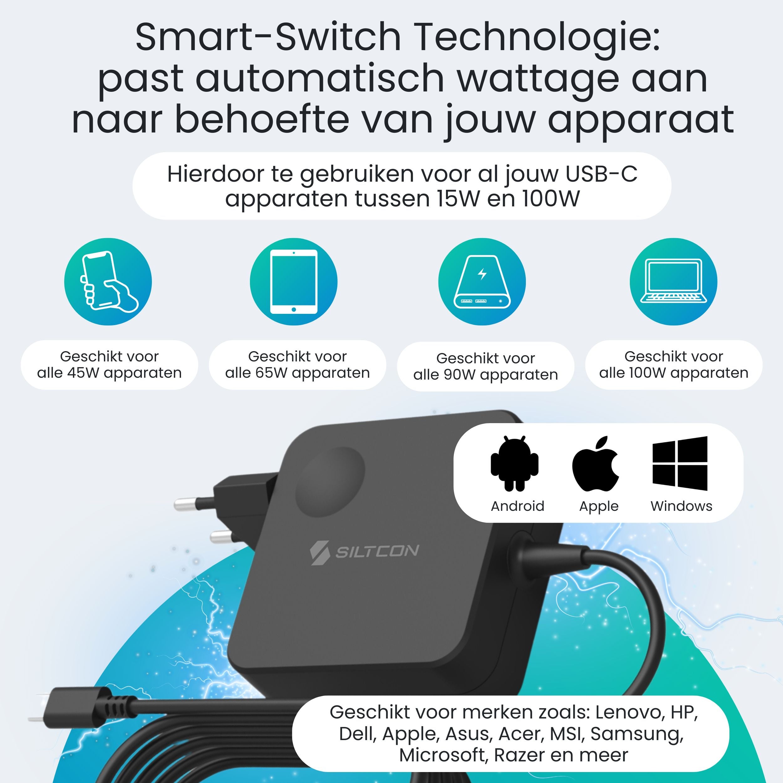 Siltcon 100W USB C Adapter – Snellader voor Laptop & Smartphone - Siltcon