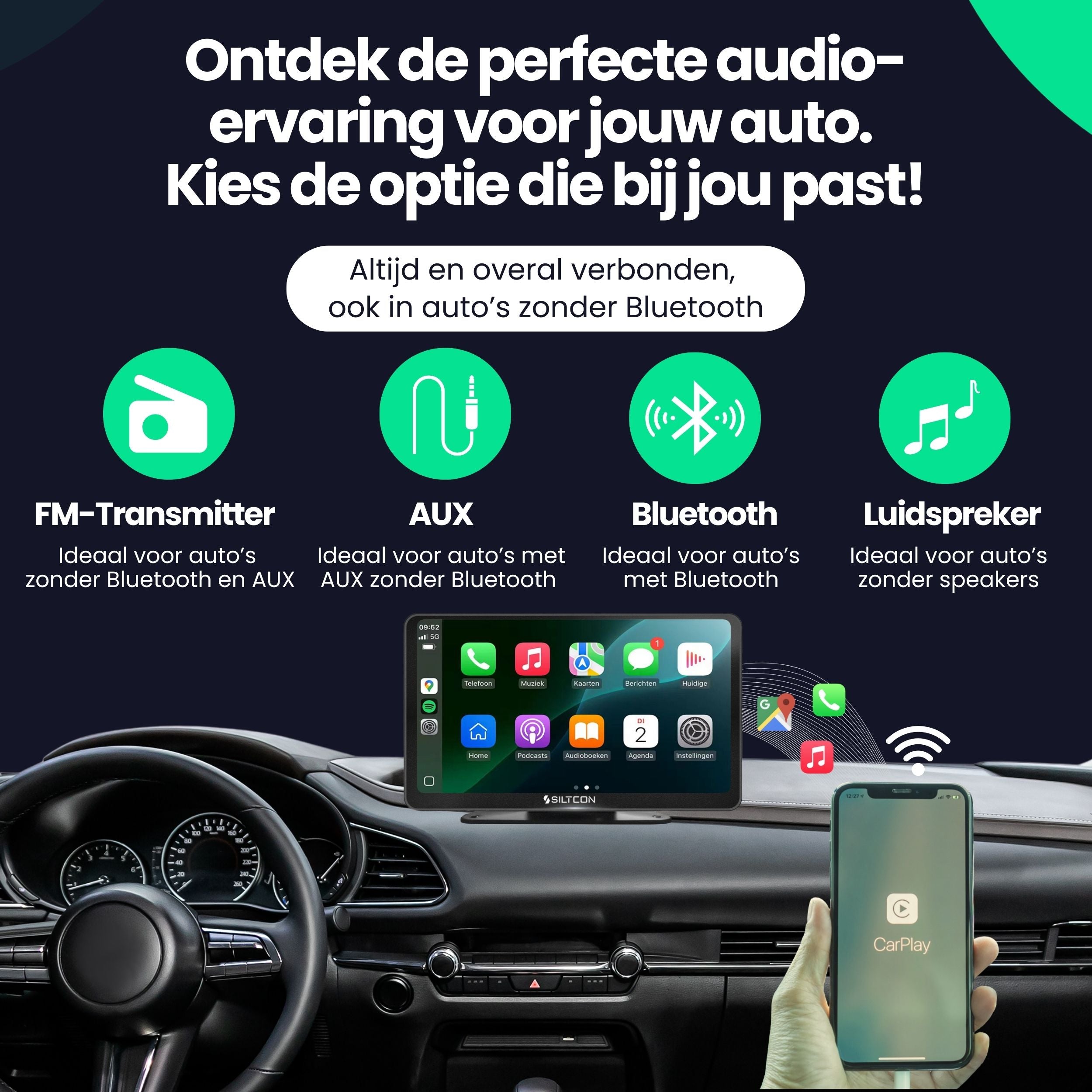 Siltcon CarPlay Scherm 7 Inch – Geschikt voor Apple & Android – Draadloos gebruik - Siltcon