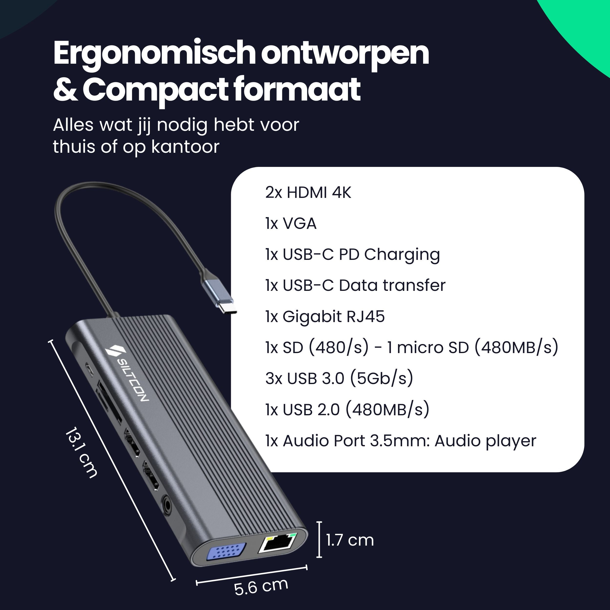 Siltcon® 13 in 1 USB C Hub - Docking Station Laptop + 100W