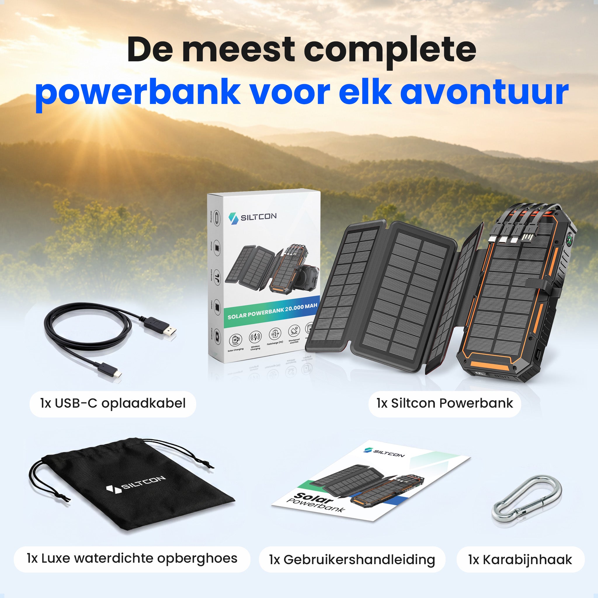 Siltcon® Powerbank Zonneenergie 20000 mAh - Solar Powerbank & Opwindbaar