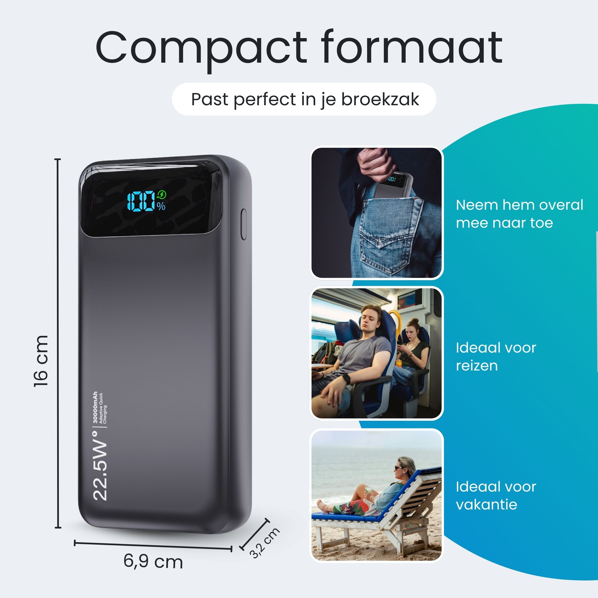 Siltcon Powerbank 30000 mAh – Snelladen & Ingebouwde Kabels - Siltcon