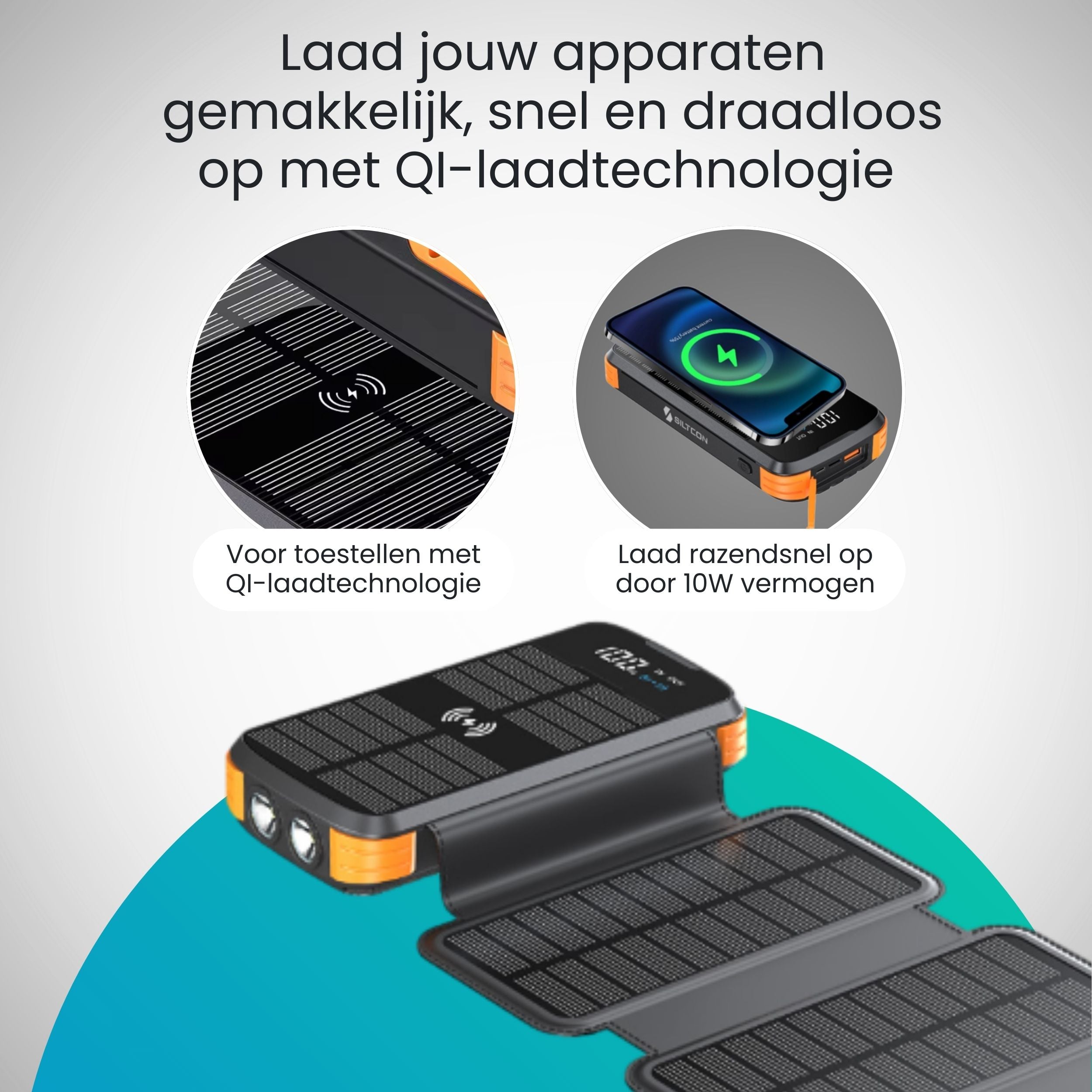 Siltcon Draadloze Powerbank 30.000 mAh – 4 Zonnepanelen - Siltcon