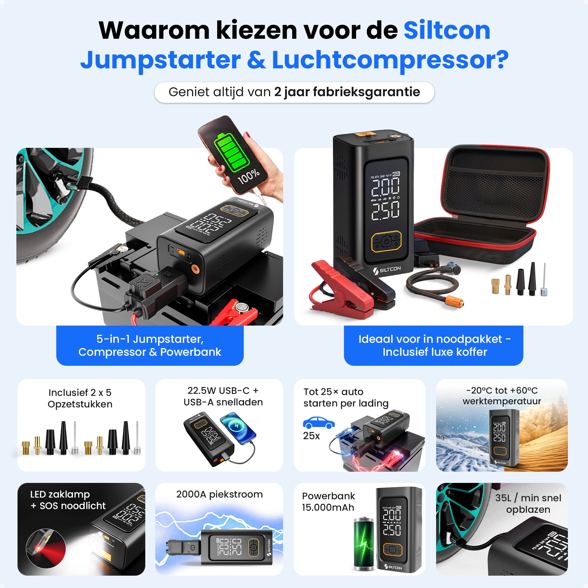 Siltcon® 12V 5-in-1 Jumpstarter voor Auto met Compressor