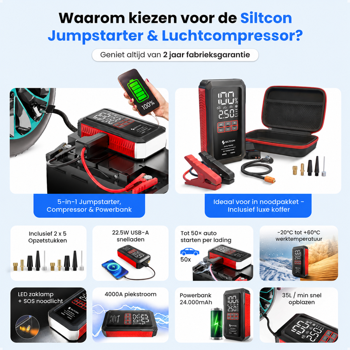 Siltcon® 12V 5-in-1 Starthilfe für Auto mit Kompressor