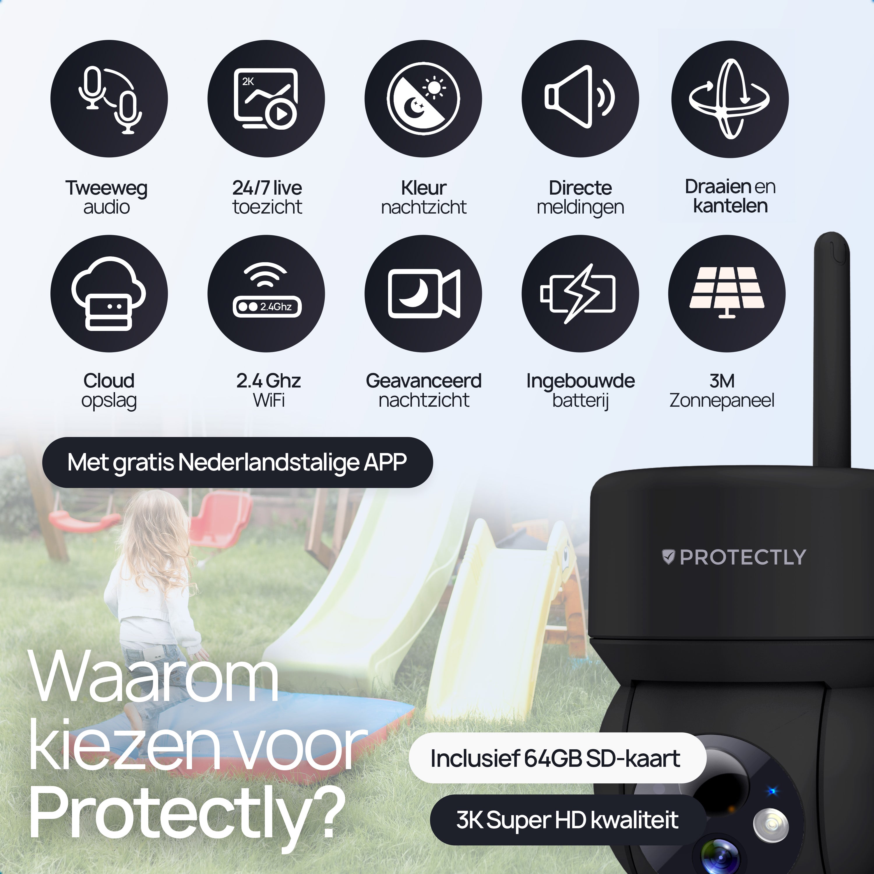 Protectly Buitencamera met Zonnepaneel - 3K Ultra HD - Siltcon