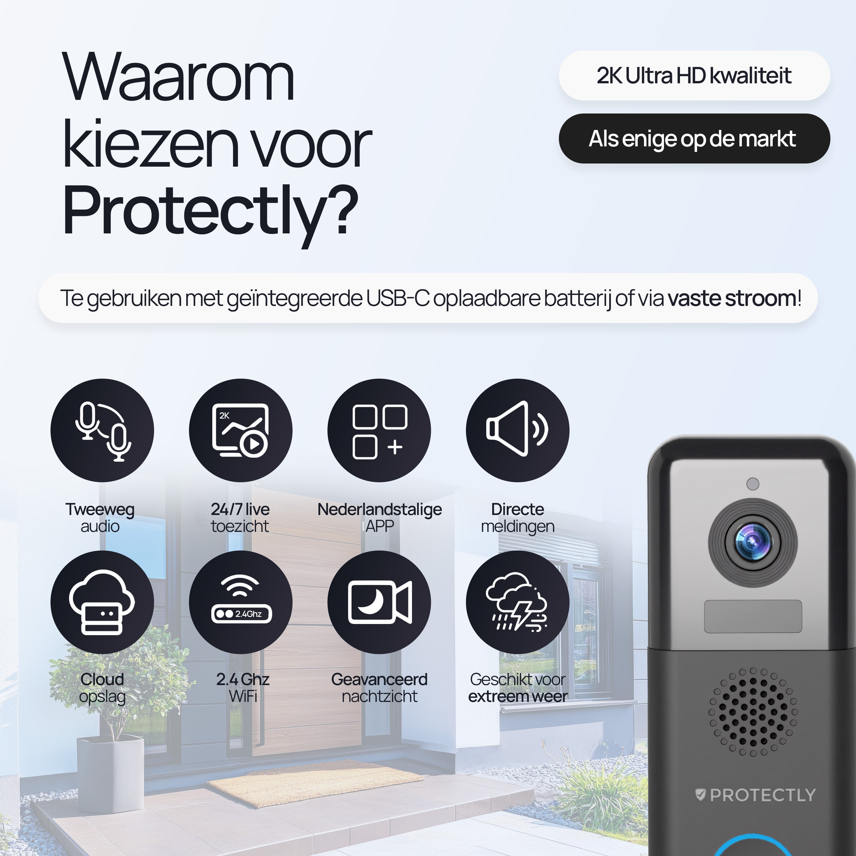 Protectly® Video-Türklingel Kabellos & Verkabelt 2K