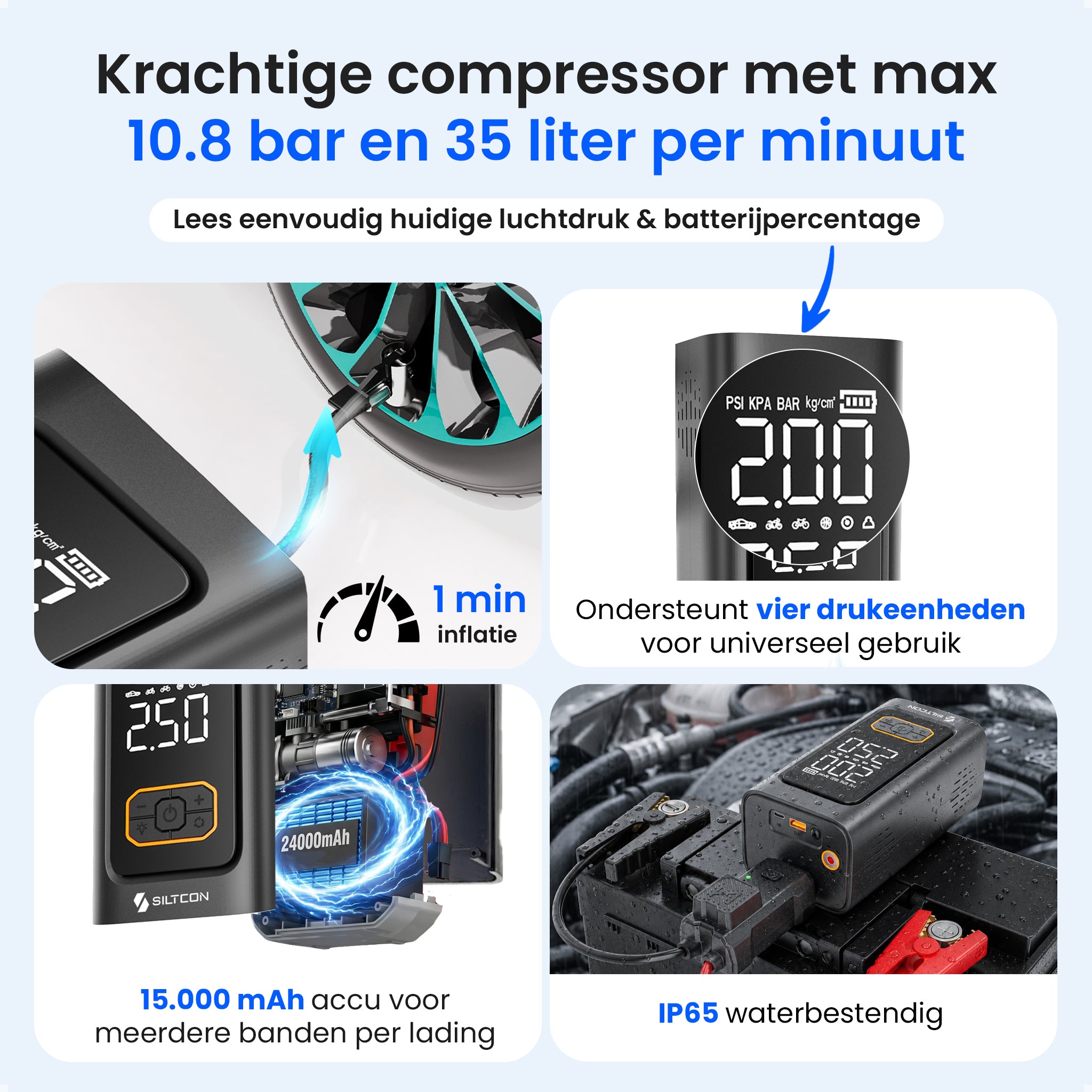 Siltcon® 12V 5-in-1 Jumpstarter voor Auto met Compressor