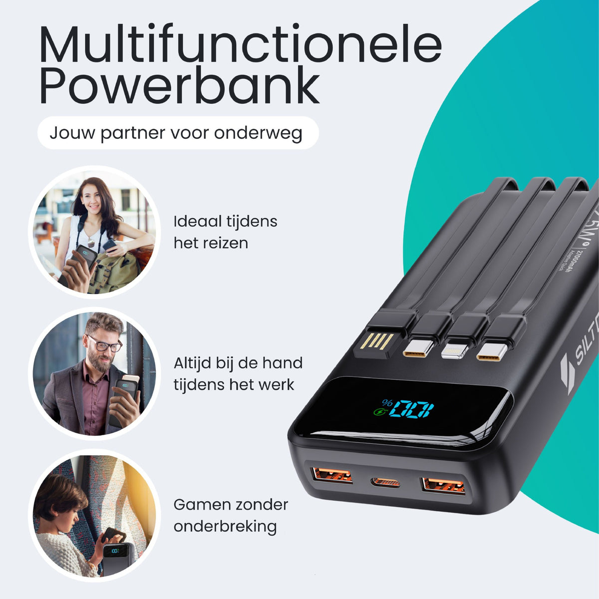 Siltcon® Powerbank 27000 mAh - ingebouwde kabels
