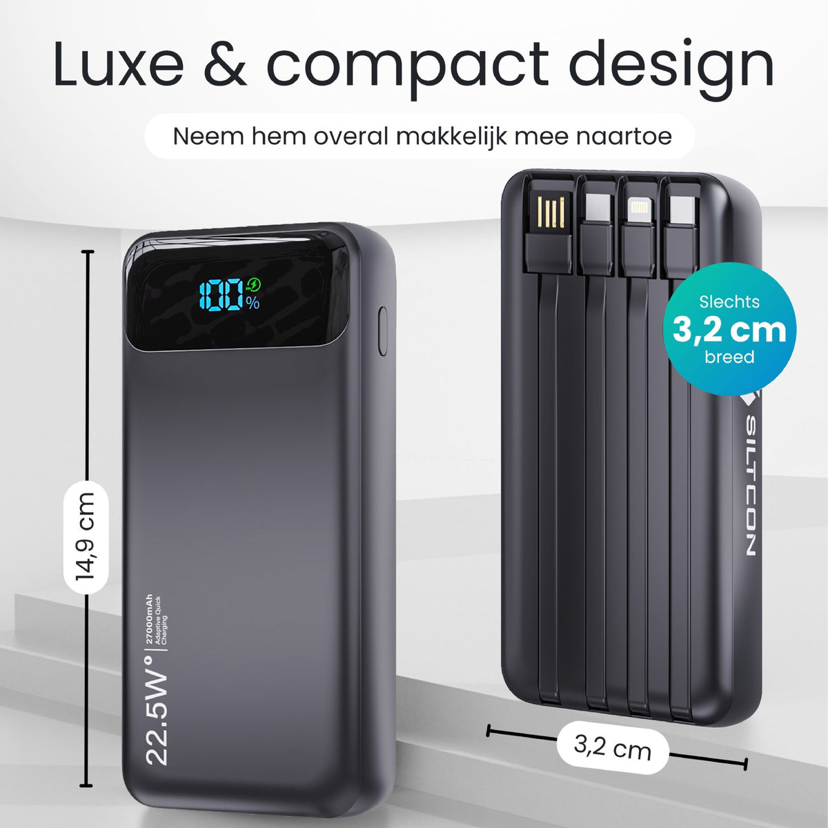 Siltcon® Powerbank 27000 mAh - ingebouwde kabels