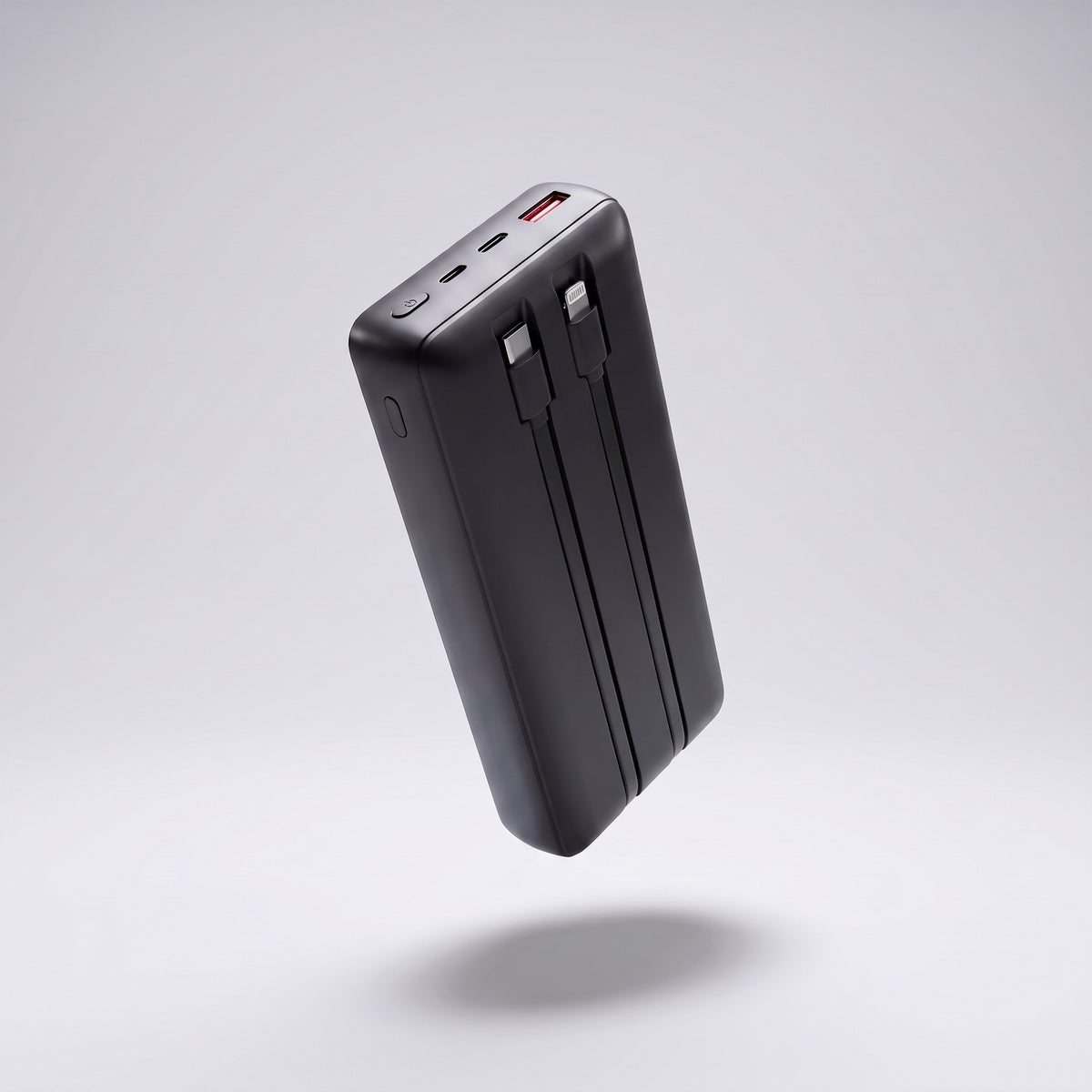 Achterkant van de powerbank met ingebouwde USB-C en Lightning kabel