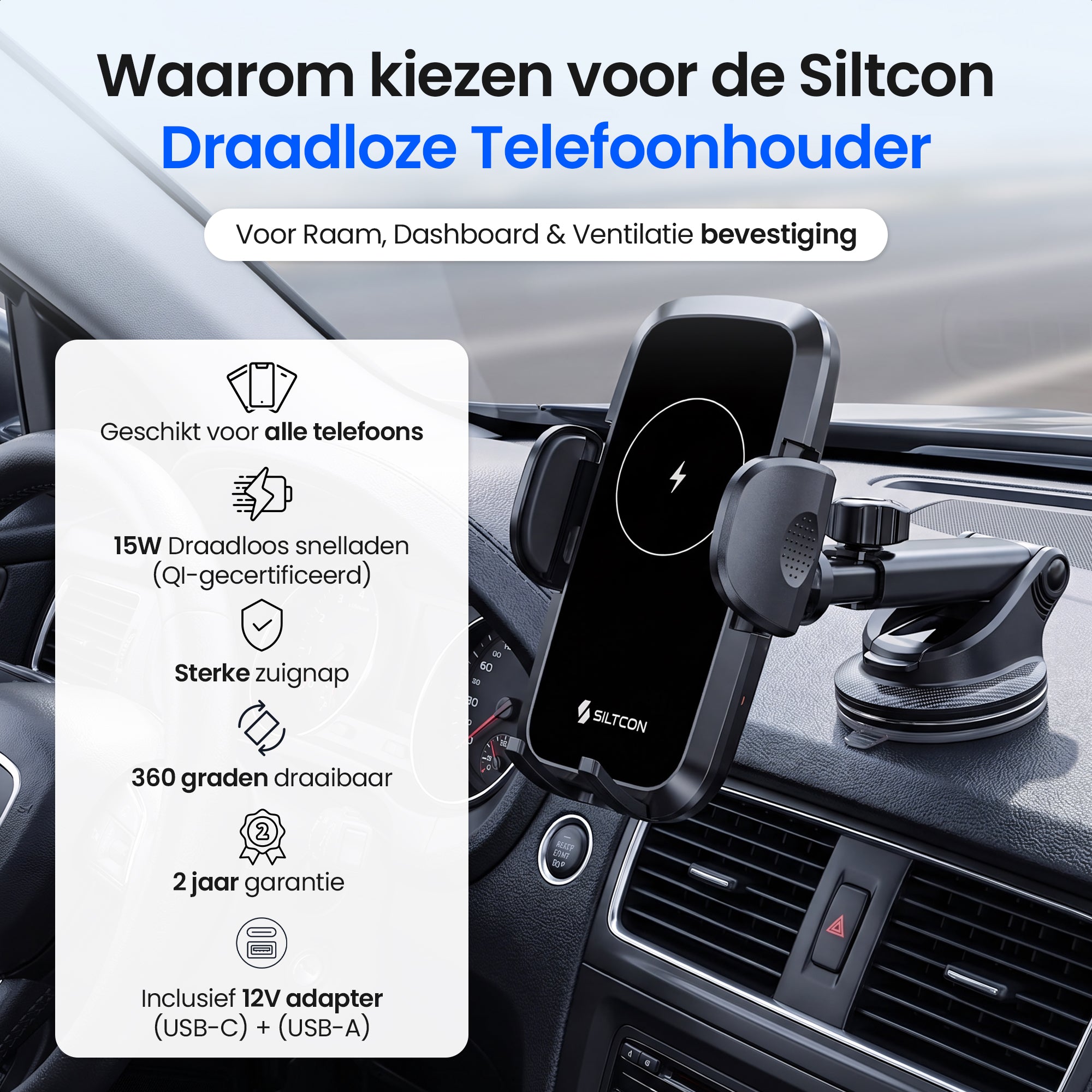 Siltcon® Telefoonhouder Auto met QI Draadloze Oplader