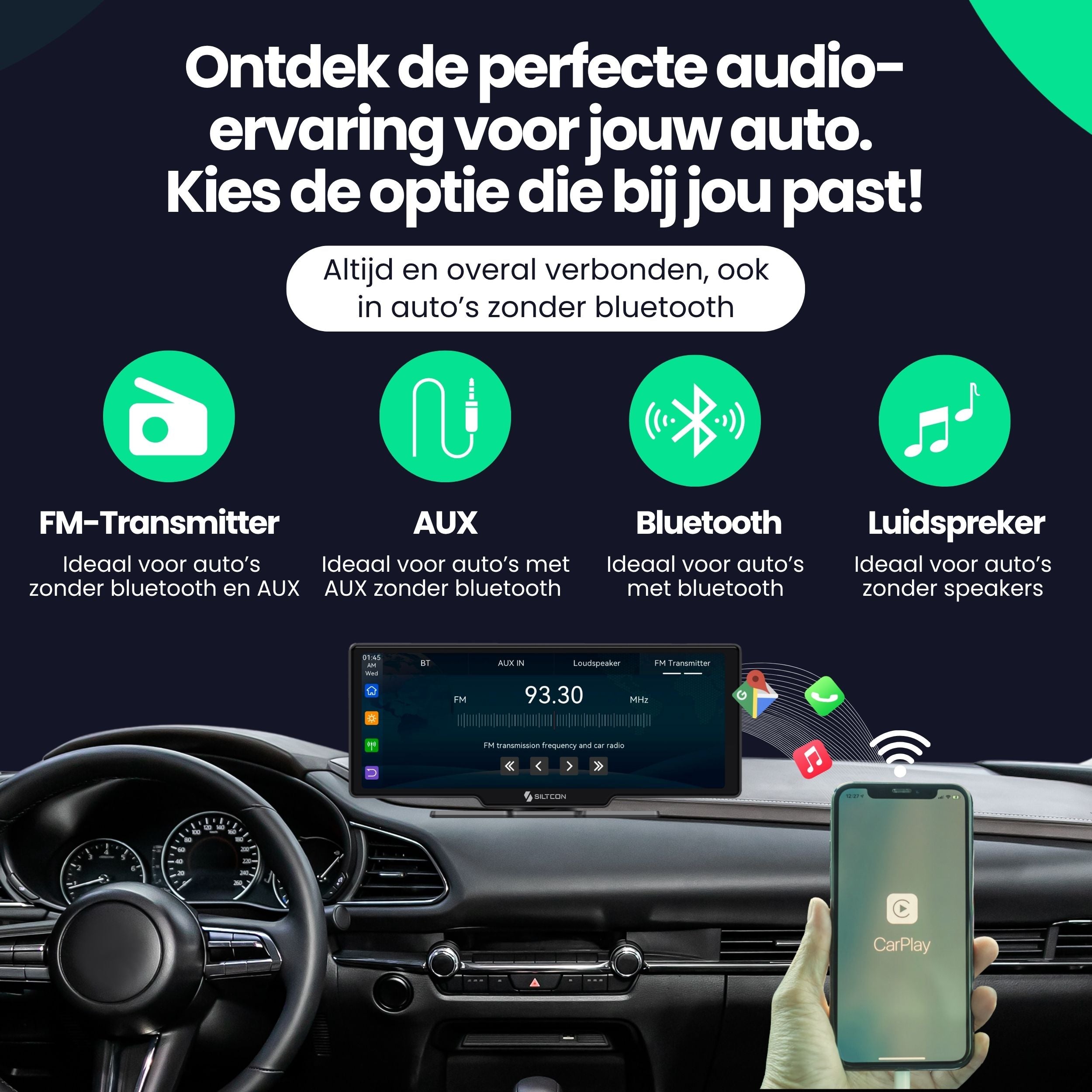 Siltcon 10.26” CarPlay Scherm – Draadloos voor iOS & Android - Siltcon