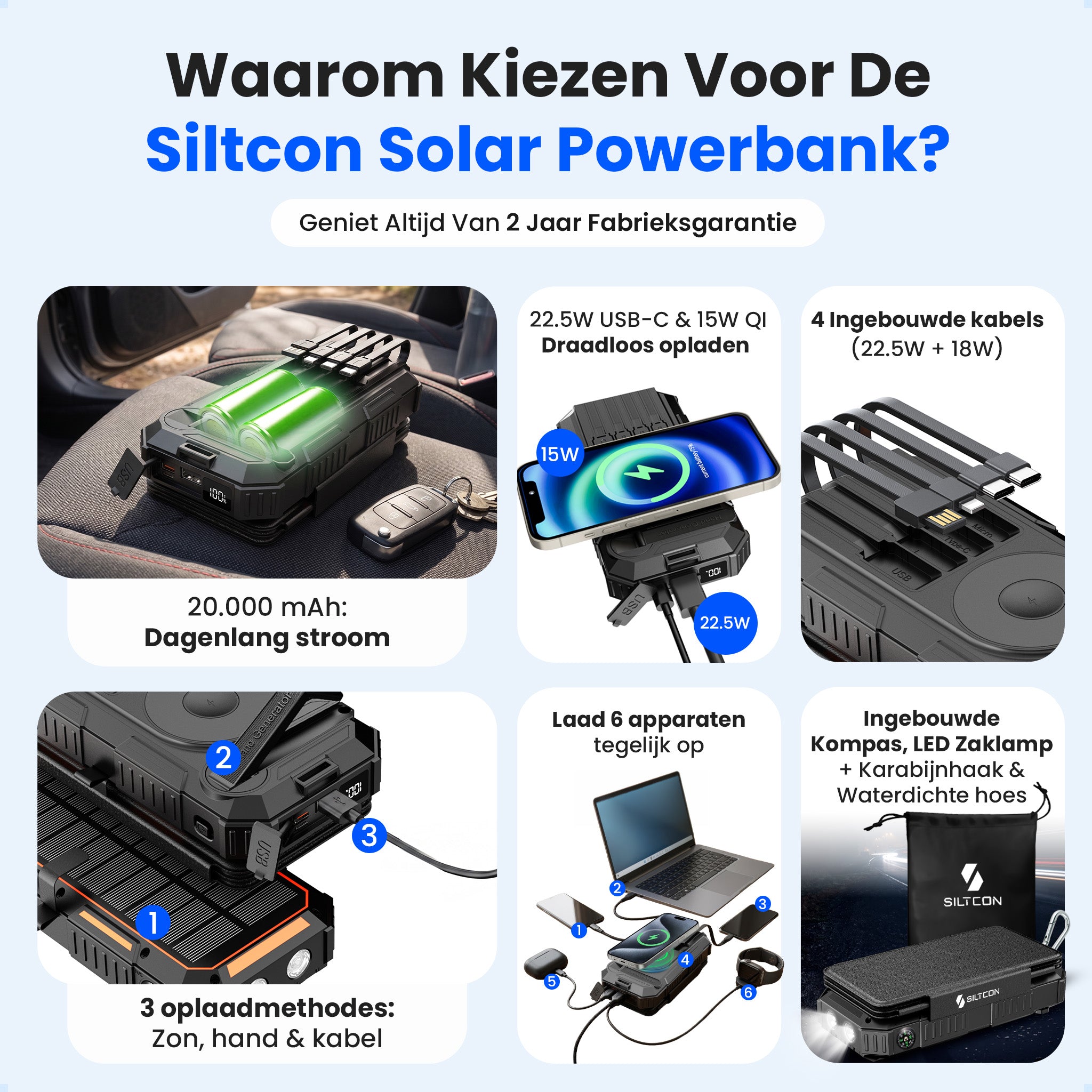Siltcon® Powerbank Zonneenergie 20000 mAh - Solar Powerbank & Opwindbaar