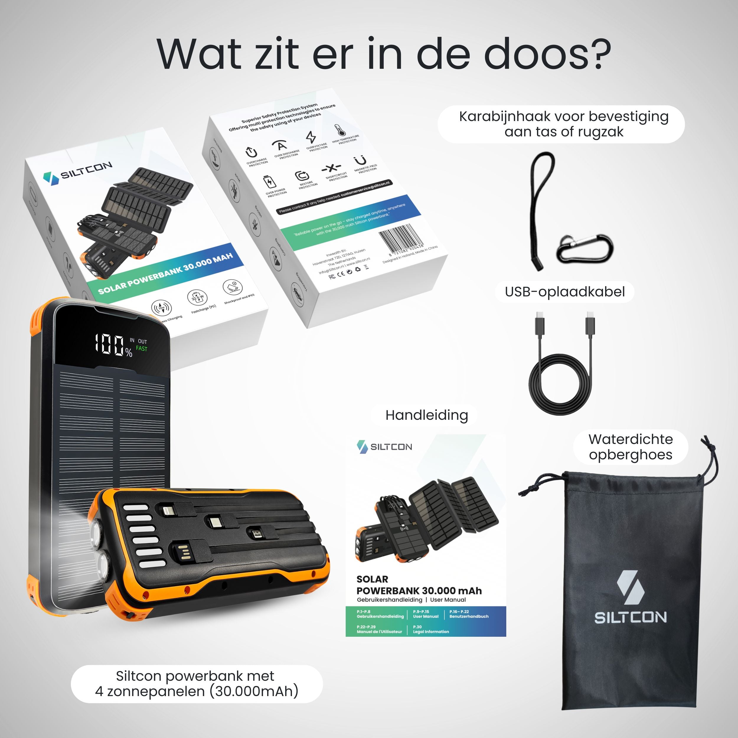 Siltcon Draadloze Powerbank 30.000 mAh  – 4 Zonnepanelen - Siltcon