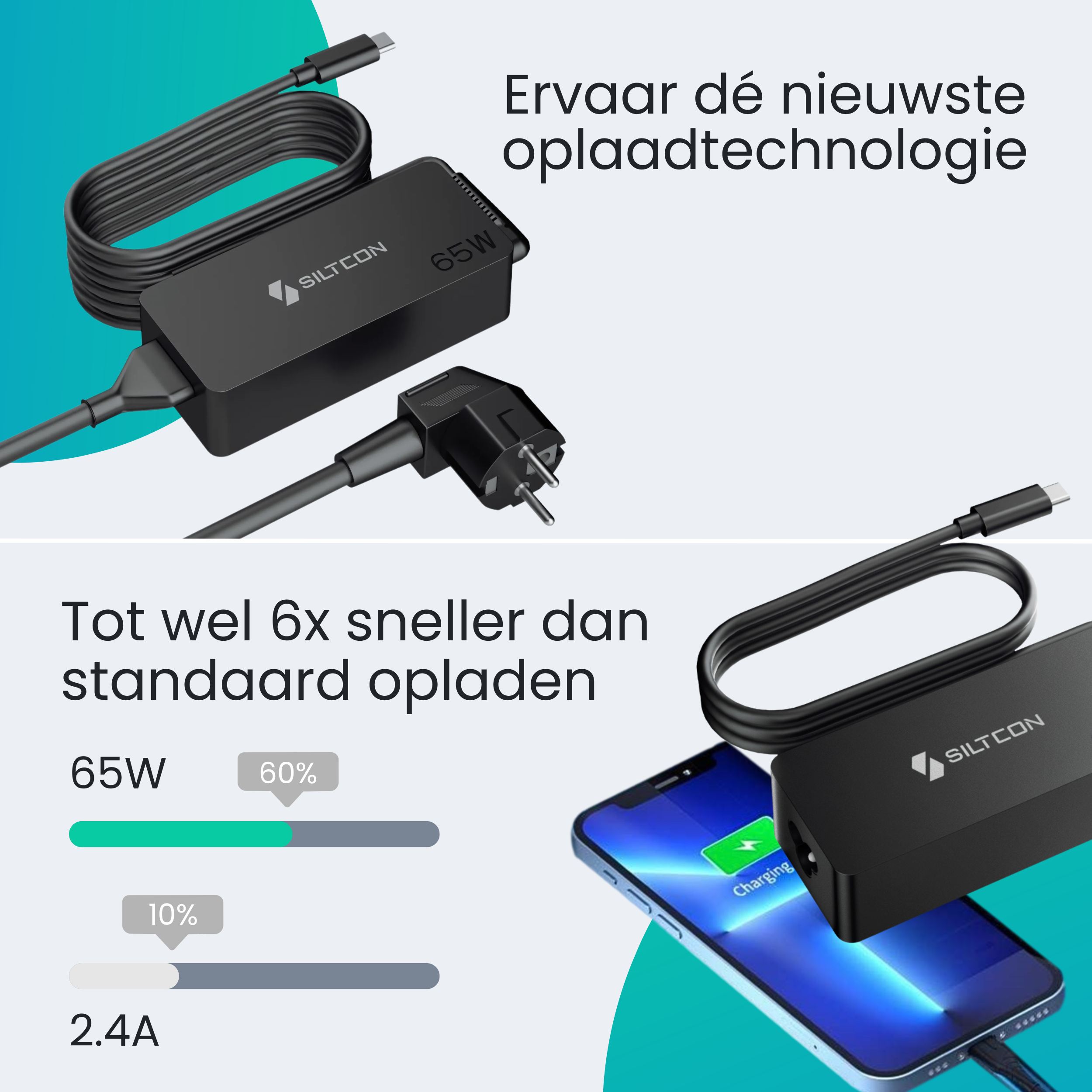 Siltcon 65W USB-C Adapter – Snelladen zonder gewicht – Universeel voor al je apparaten - Siltcon