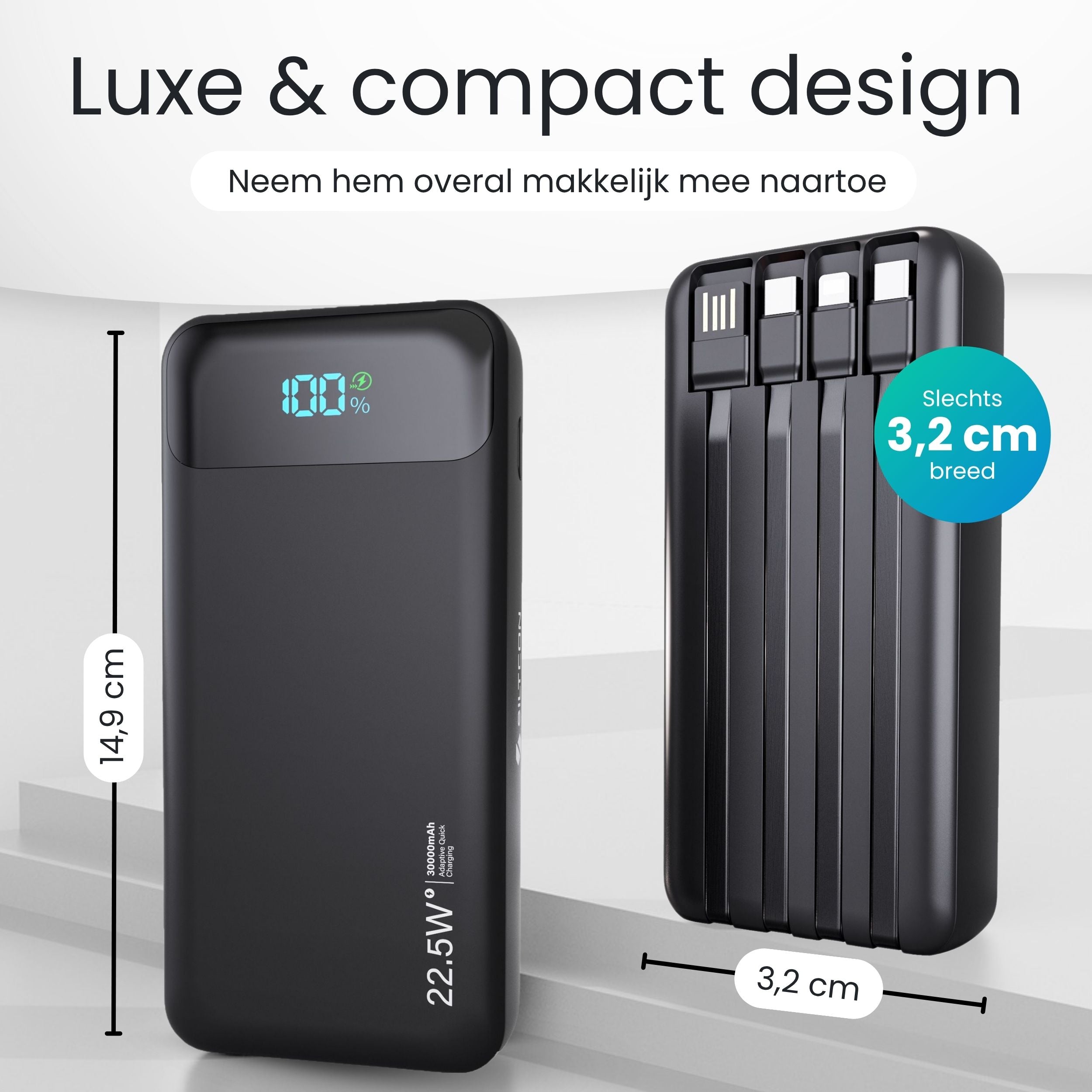 Siltcon Powerbank 30000 mAh – Snelladen & Ingebouwde Kabels - Siltcon