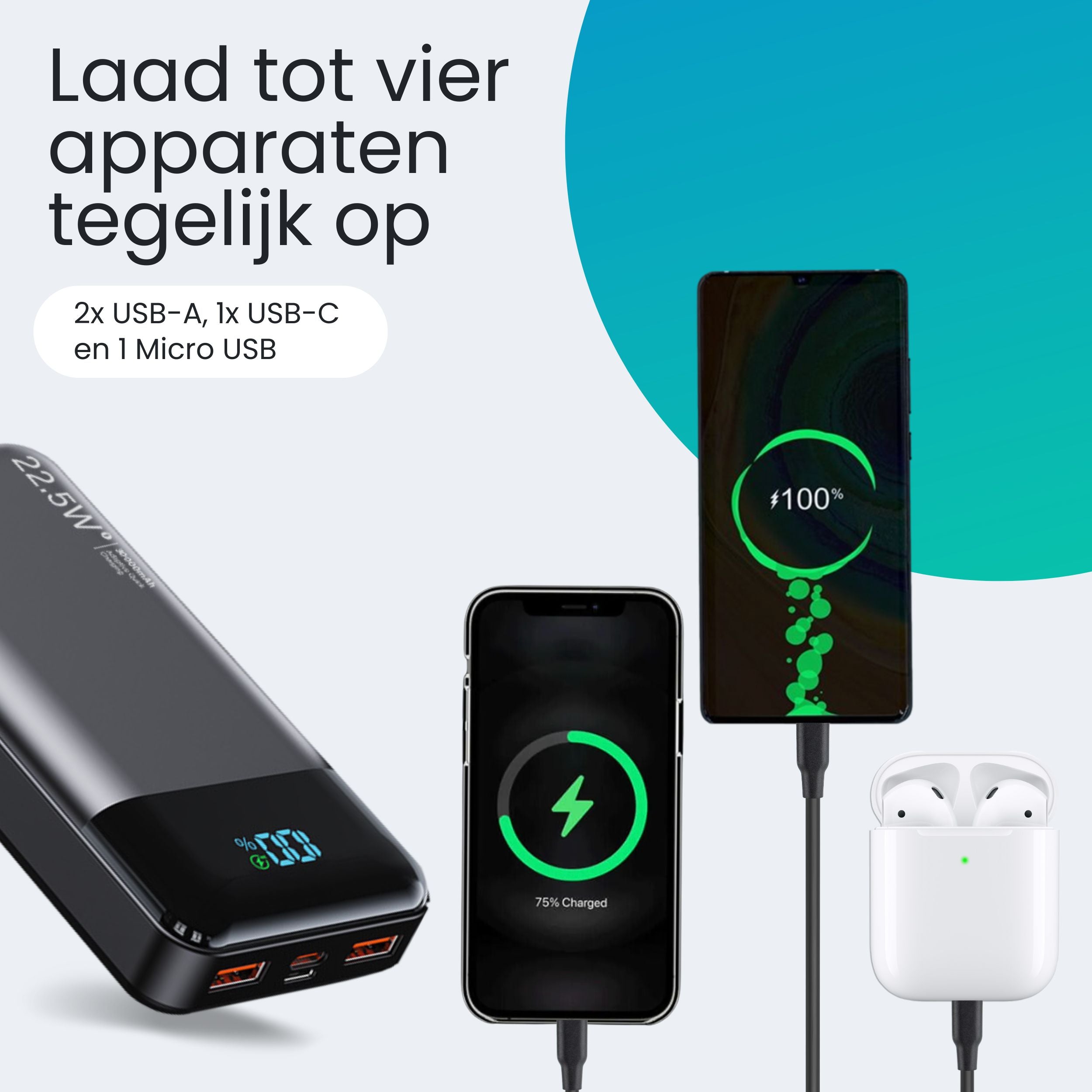 Siltcon Powerbank 30000 mAh – Snelladen & LED Display - Siltcon