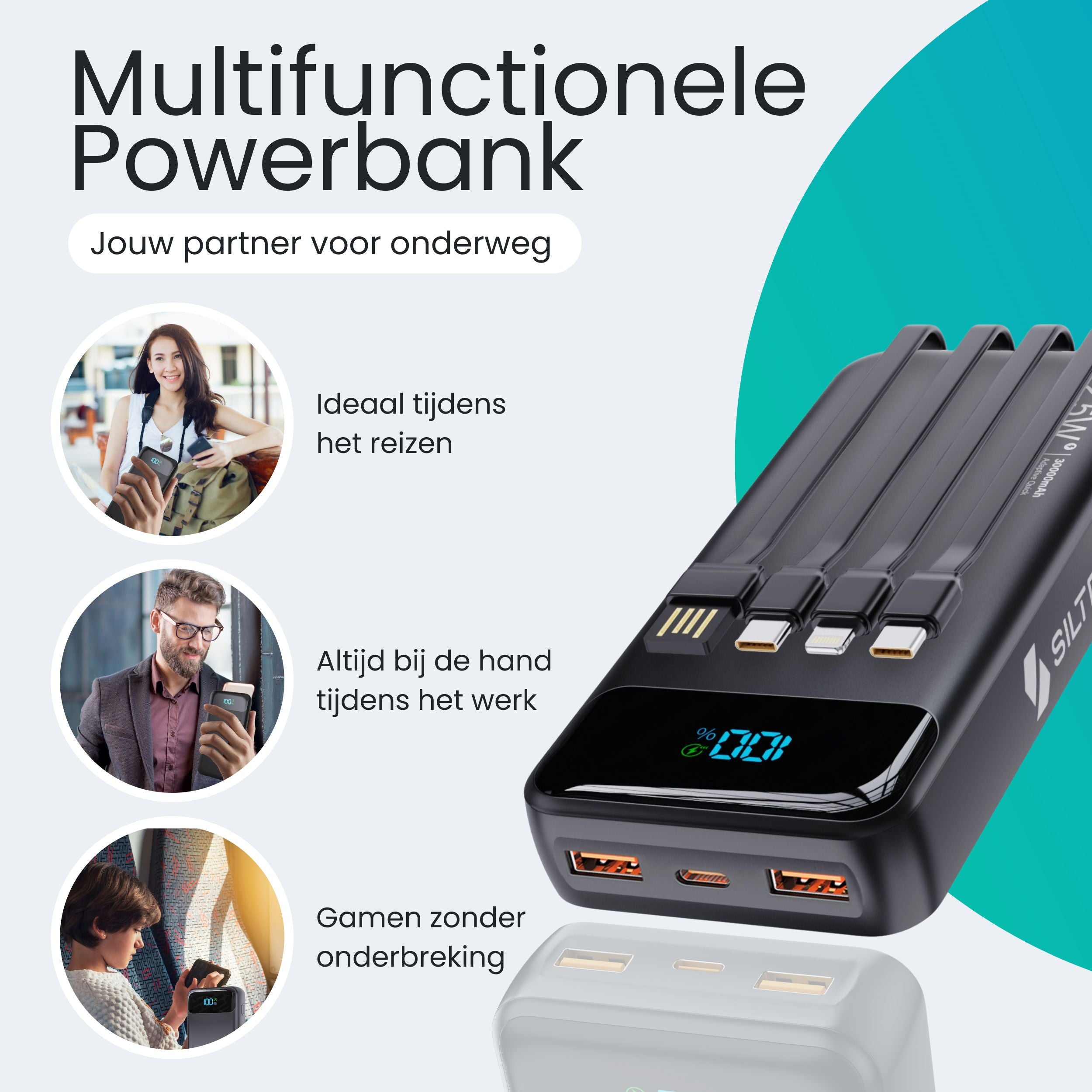Siltcon Powerbank 30000 mAh – Snelladen & Ingebouwde Kabels - Siltcon