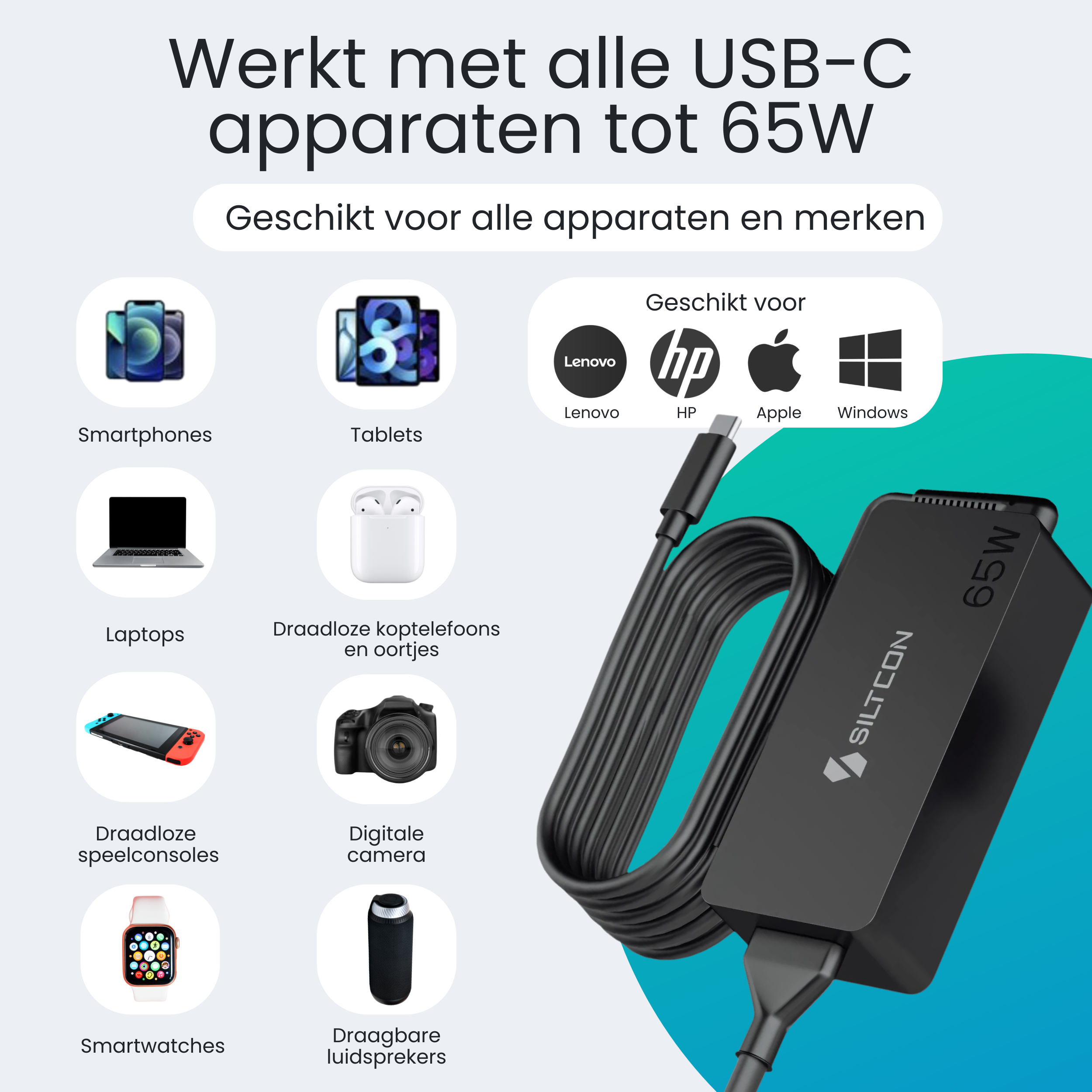 Siltcon 65W USB-C Adapter – Snelladen zonder gewicht – Universeel voor al je apparaten - Siltcon