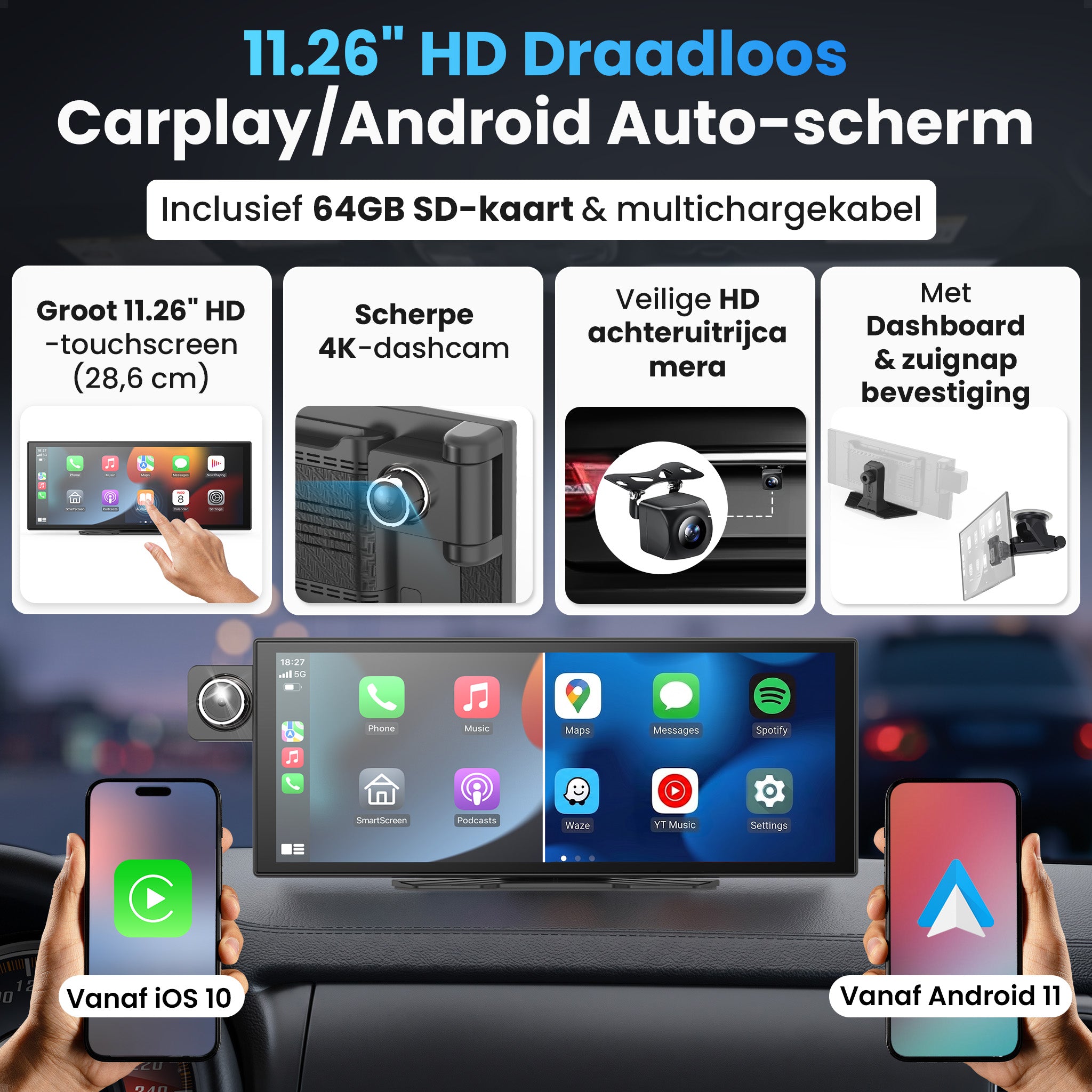 Siltcon® 11,26" Carplay / Android Auto Bildschirm & 4K Dashcam