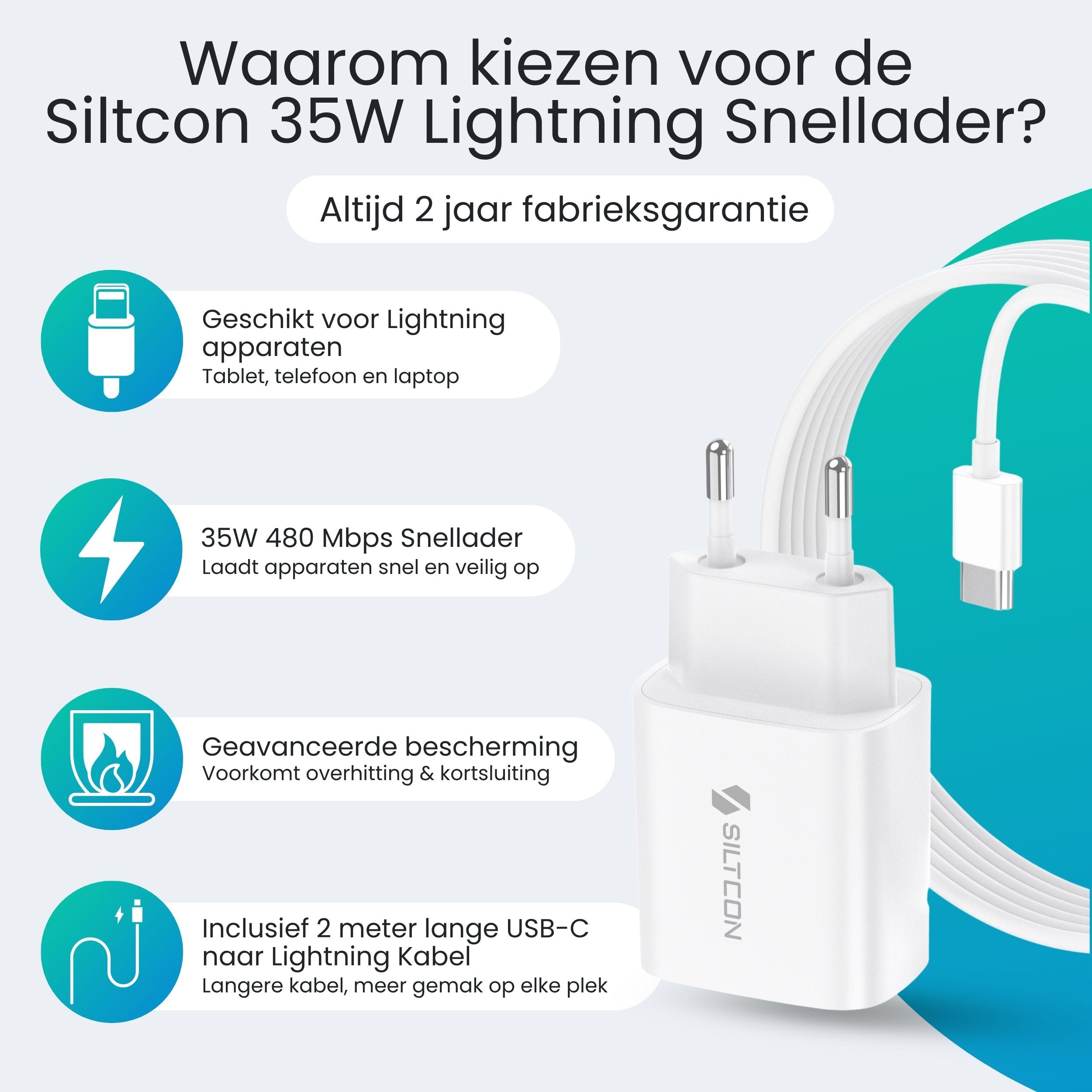 Siltcon 35W iPhone Snellader – USB-C naar Lightning Adapter 2m – iPad / iPhone / AirPods Oplader - Siltcon
